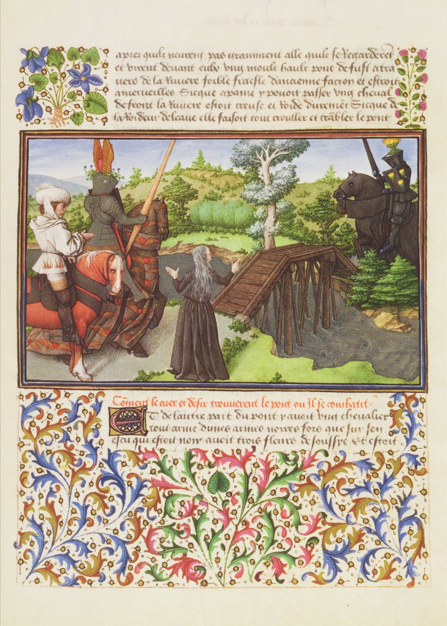 Ms. 2597 Heart, Desire and Melancholy na ponte The Dangerous Walk, que é guardada pelo cavaleiro soulcy, edição fac-símile de Livre du Coeur dAmours Espris por Rene dAnjou de English School