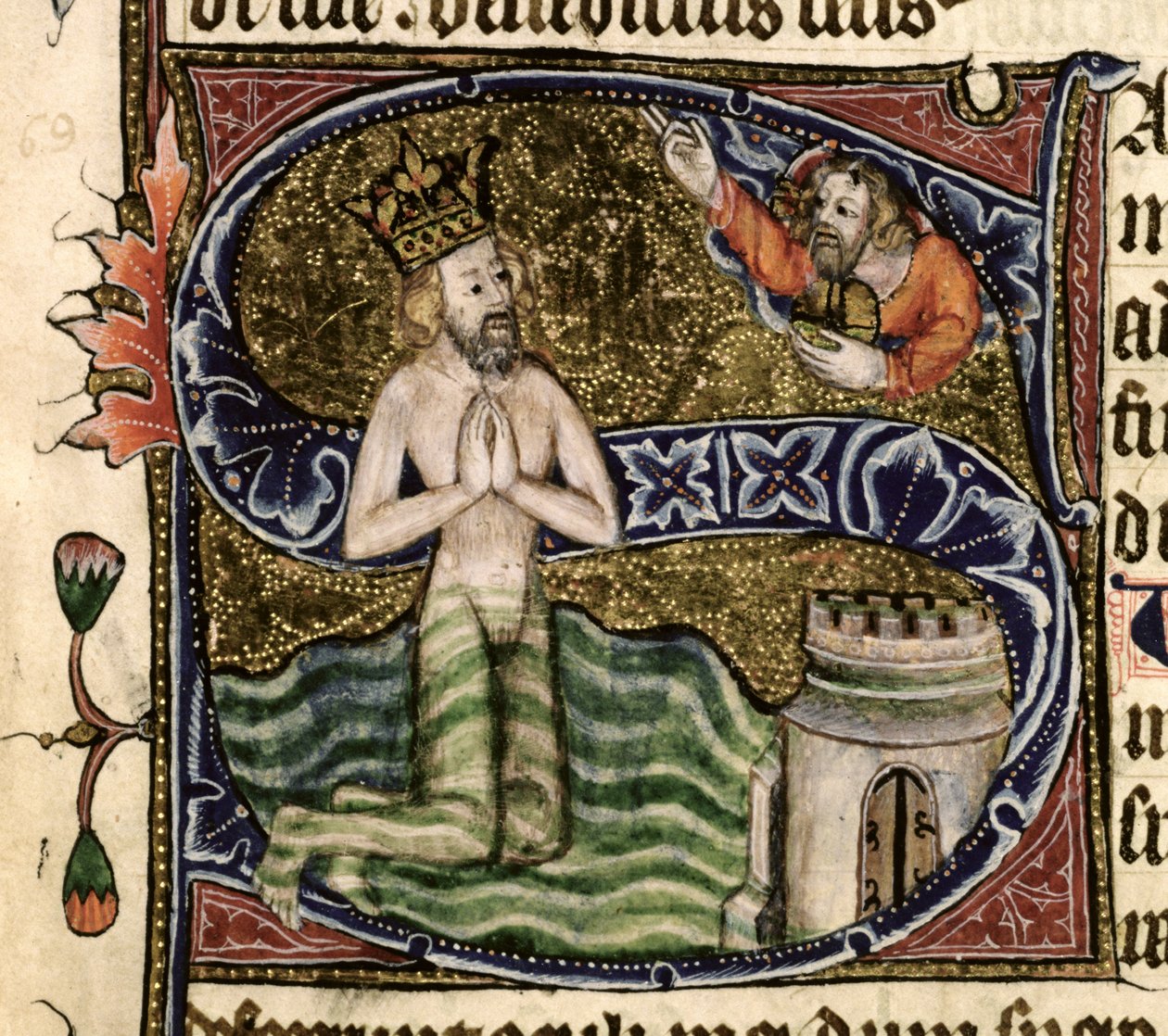Ms 26 f.34r. Salmo 68, Davi se afogando, da Ramsey Abbey Psalter, c.1380 de English School