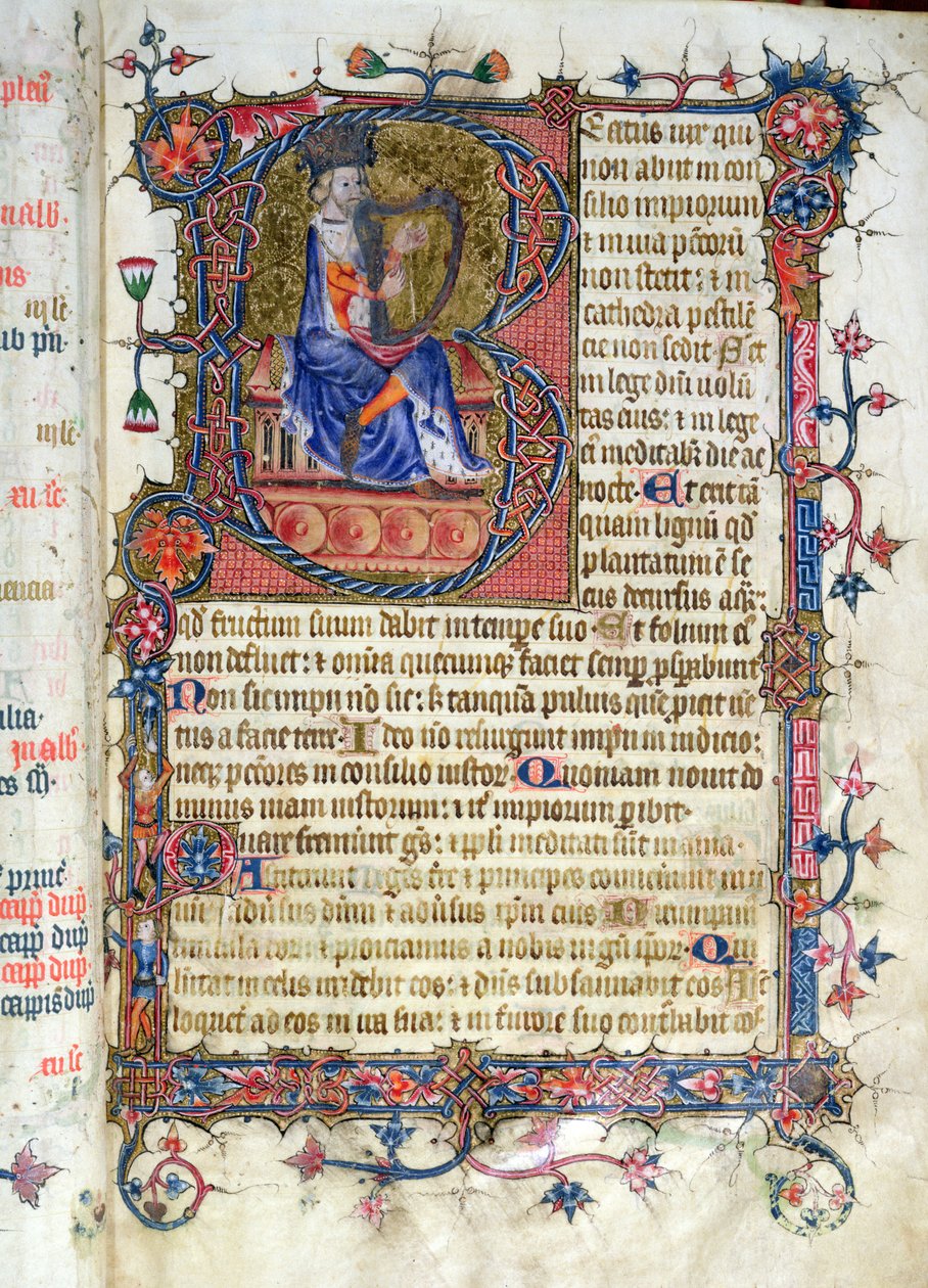 Ms 26 fol.7r. Salmo 1, David harping, do Ramsey Abbey Psalter, c.1380 de English School