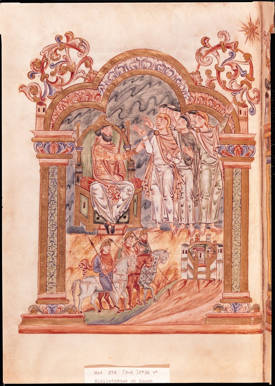 Ms 274 (Y-6) fol.36v Os Magos Visitando o Rei Herodes, do Missal de Robert de Jumieges, c.1016 de English School