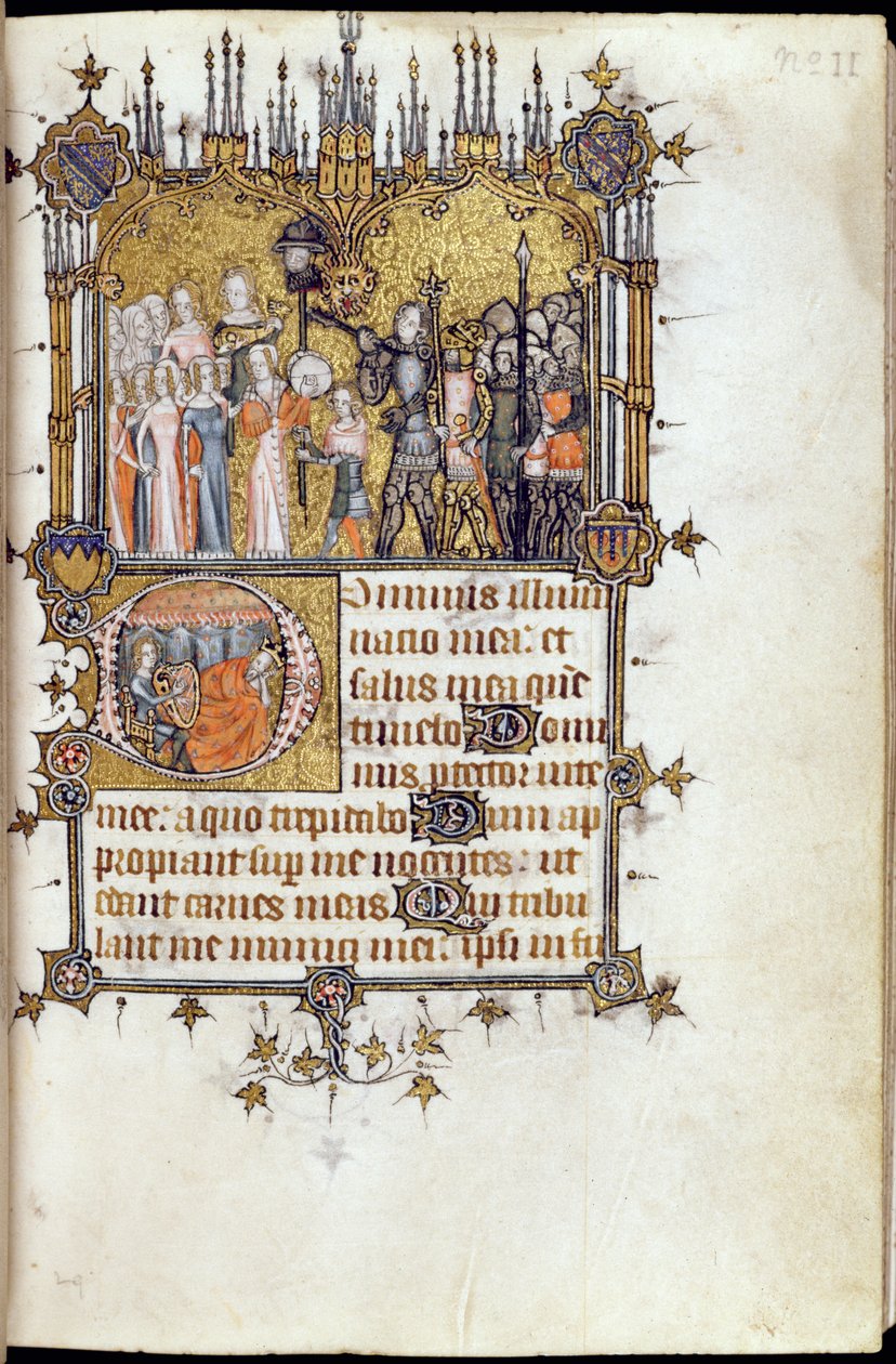 Ms 38-1950, f.29r: David à frente de uma procissão carregando a cabeça de Golias em uma lança, do Bohun Saltério, c.1370 de English School