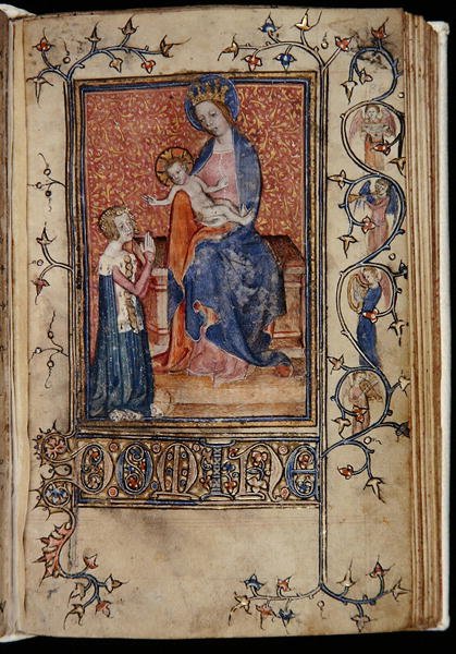 Sra. 48, f.86r: O proprietário do manuscrito orando à Virgem e ao Menino, da Hora de Carew-Poyntz, Uso de Sarum, c.1390-1400 (vellum) de English School