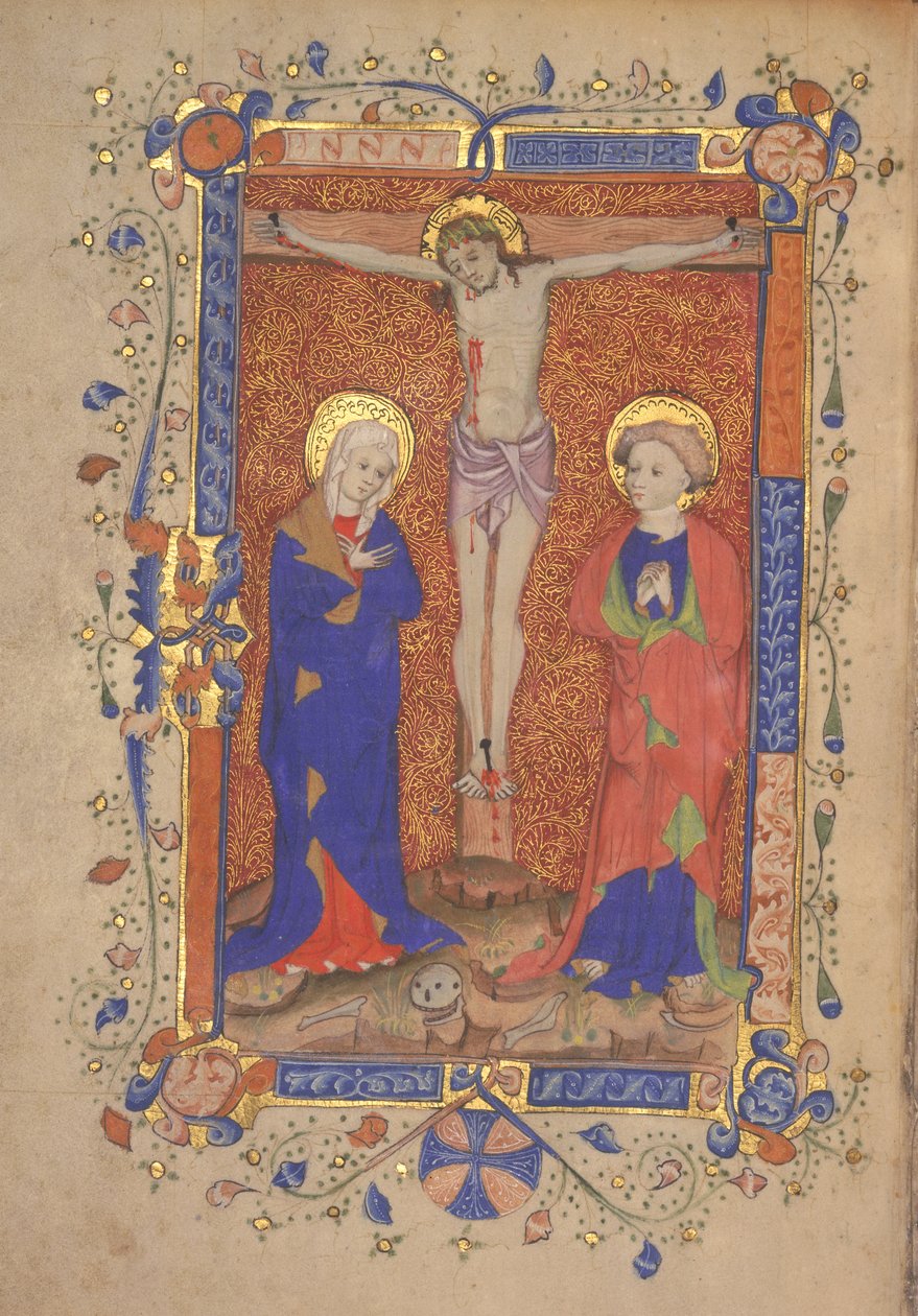 Ms 515 fol.108r Crucificação com Santa Maria e São João Batista, do Missal de São Botolph Aldersgate, c.1420-30 de English School