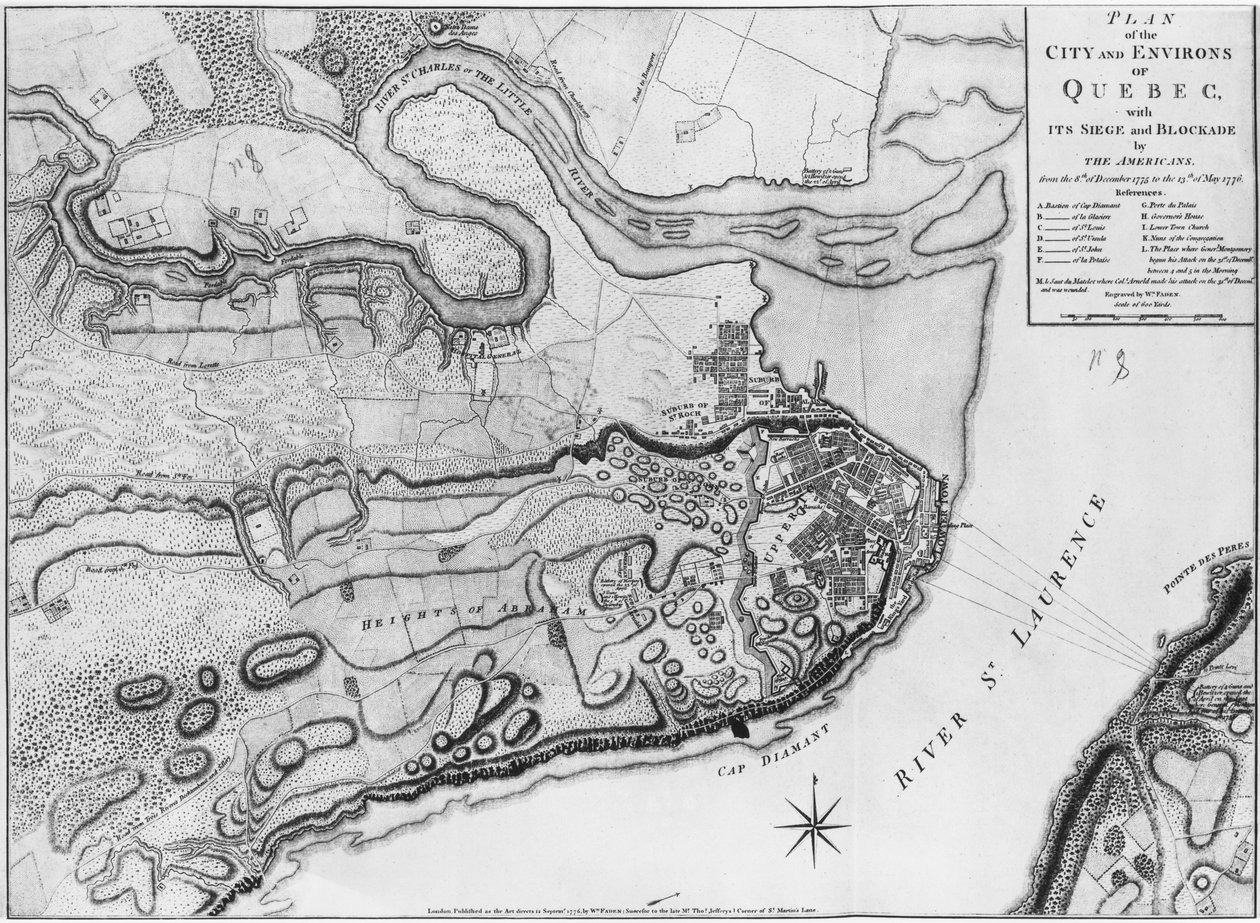 Desconhecida A 224 f.8 Mapa da cidade e arredores de Quebec com seu cerco e bloqueio pelos americanos, ilustração do "Atlas de la guerre d&39;Amerique", 1775-76) de English School