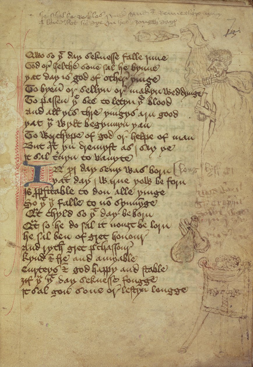 Ms. Harley 1735 fol.7r Página de um caderno médico escrito em inglês médio (vellum) de English School