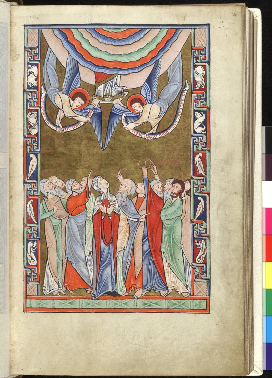 Ms Hunter 229 f.14r The Ascension, do Hunterian Psalter, c.1170 (caneta & tinta e têmpera sobre o vellum) de English School