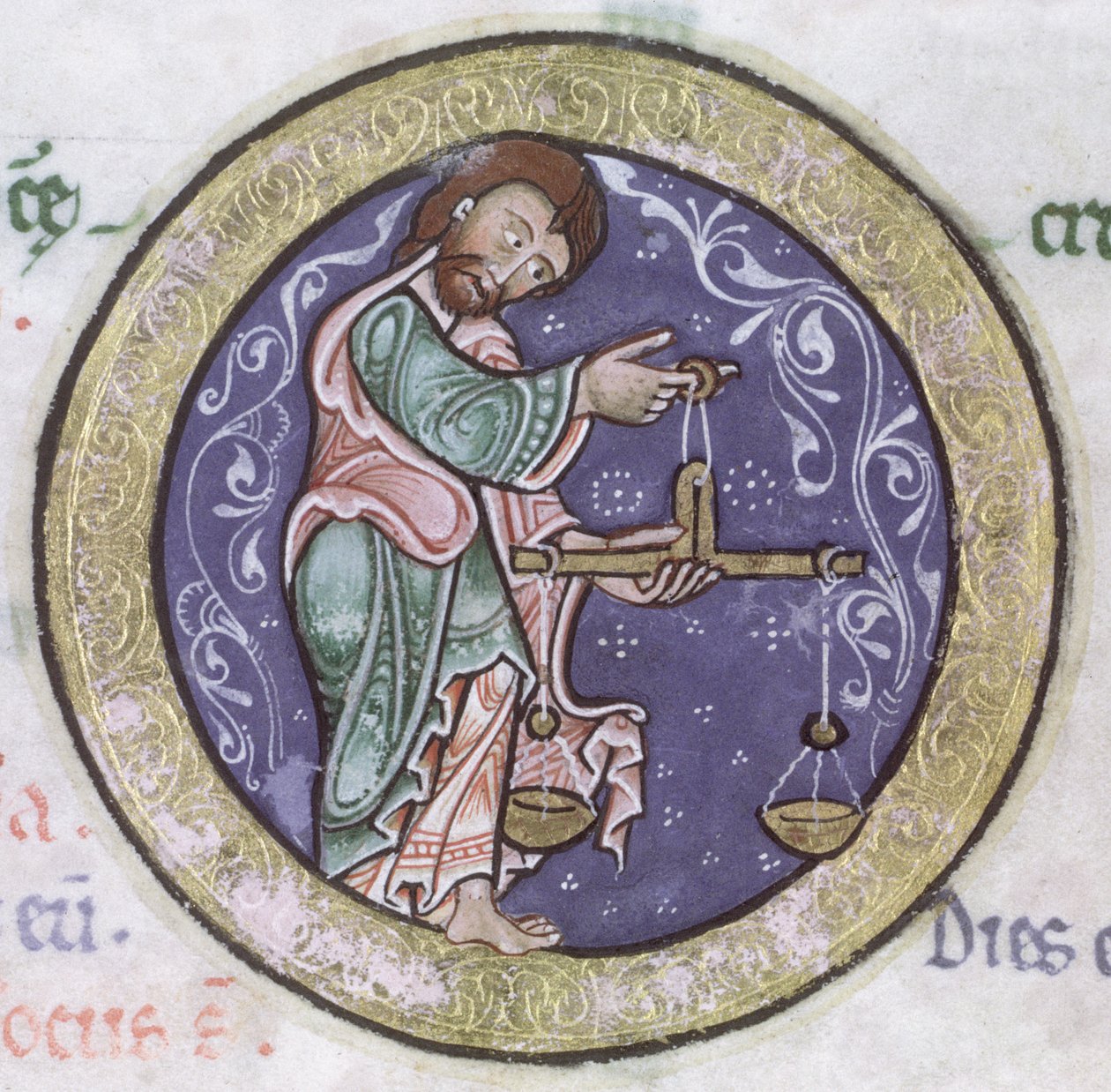 Sra. Hunter 229 f.5r Libra, do Hunterian Psalter, c.1170 (caneta & tinta e têmpera em velino) (detalhe) de English School
