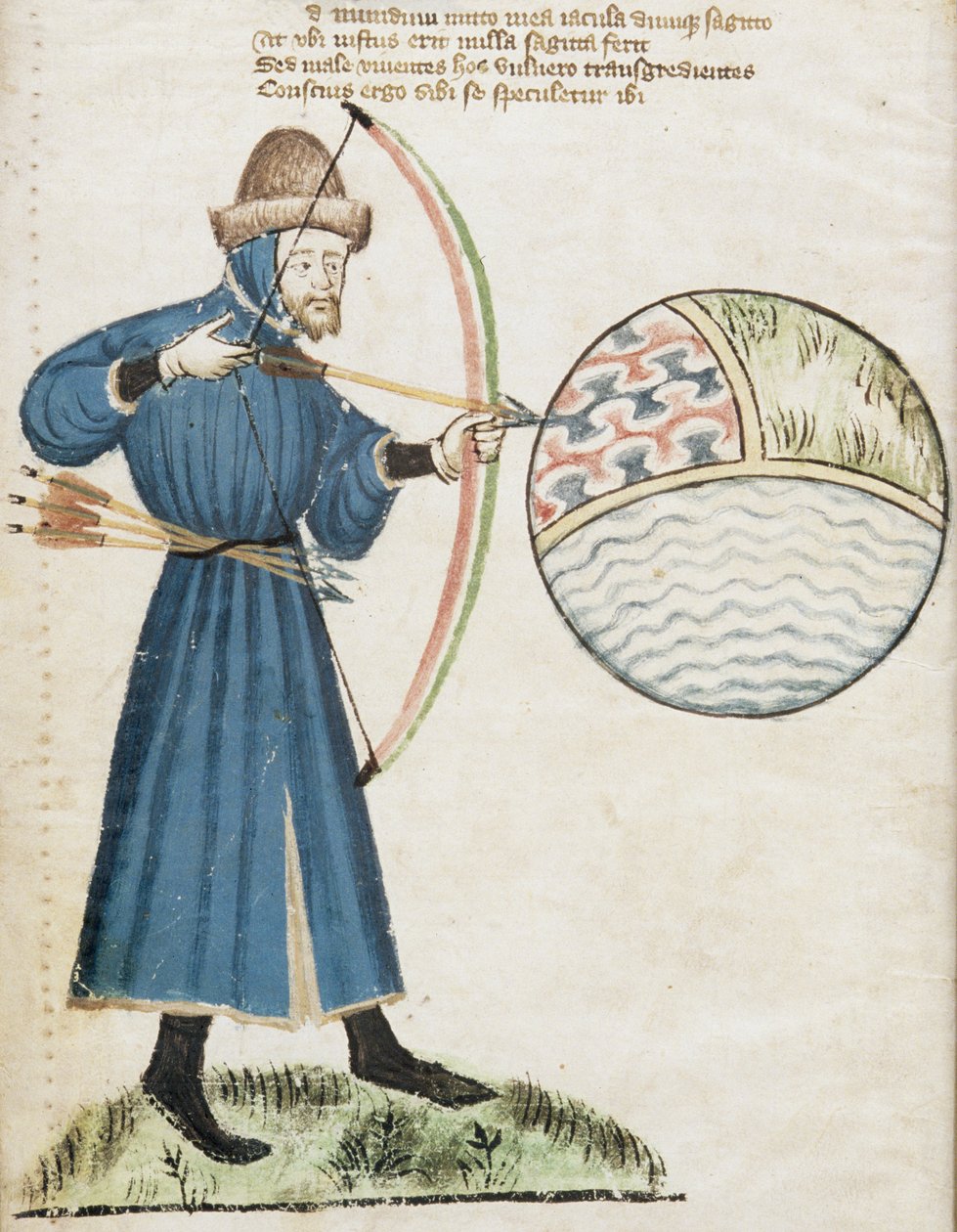 Ms Hunter 59 f.6v Arqueiro atirando em um globo, de Vox Clamatis por John Gower (1330-1408) de English School