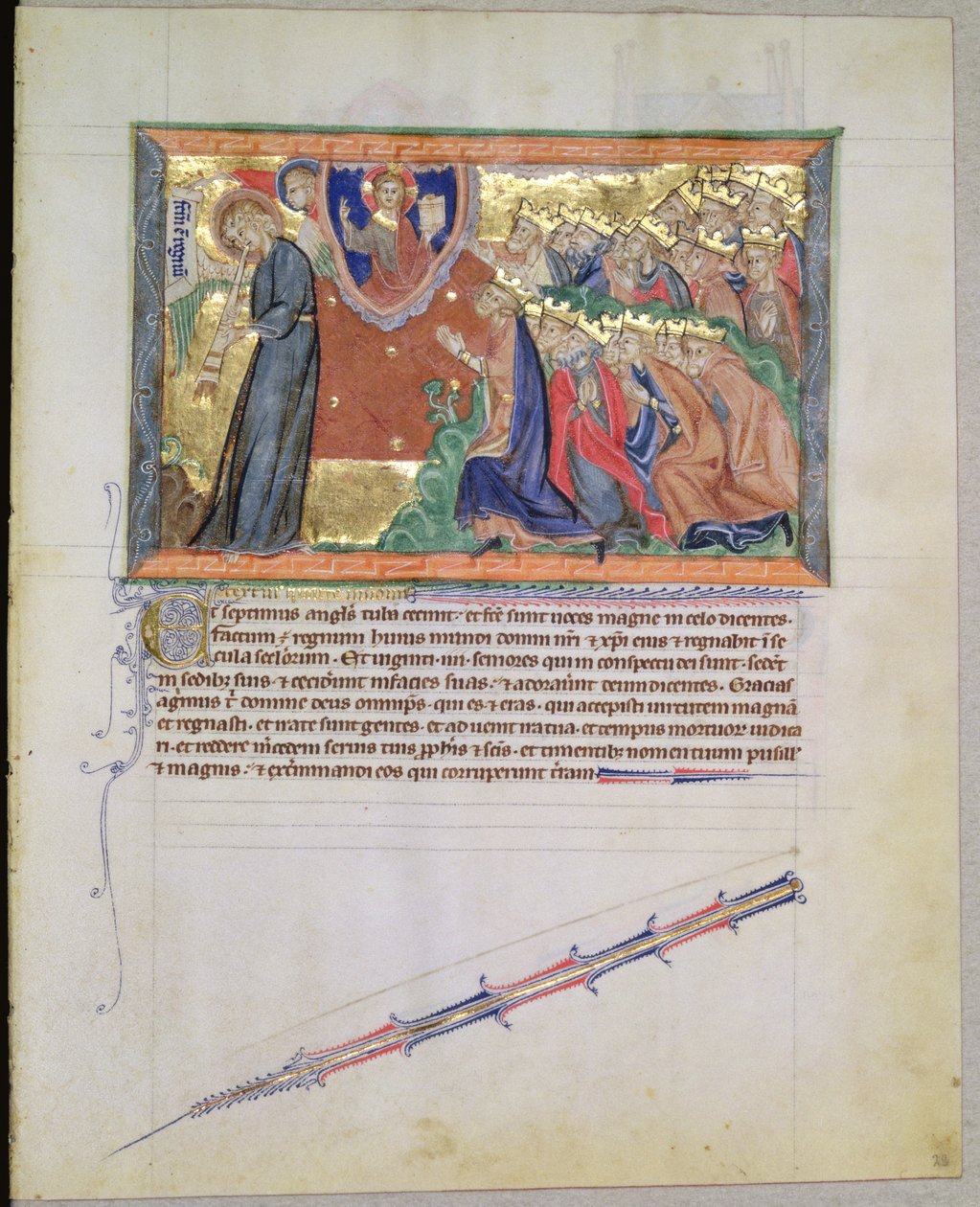Sra. LA 139-Lisboa fol.28 O 7º anjo sopra a sua trombeta e os 24 Anciões a adorar a Deus, do Apocalipse Gulbenkian, c.1265-70 de English School