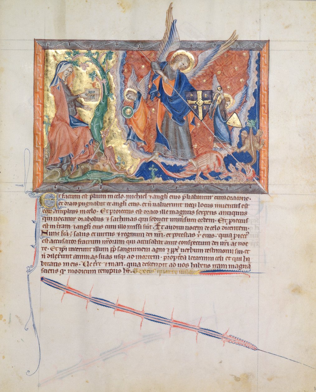 Sra. LA 139-Lisboa fol.30 A mulher escondida no deserto enquanto o Arcanjo Miguel luta contra o dragão no Céu, do Apocalipse Gulbenkian, c.1265-70 de English School