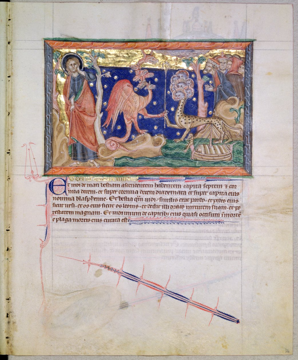 Sra LA 139-Lisboa fol.34 O dragão vermelho entregando o seu poder à besta do mar, do Apocalipse Gulbenkian, c.1265-70 de English School