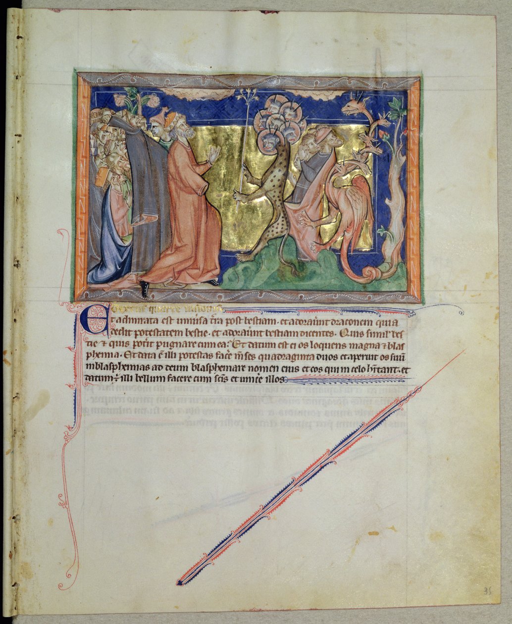 Sra. LA 139-Lisboa fol.35 As pessoas que adoram a besta e o dragão, do Apocalipse Gulbenkian, c.1265-70 de English School