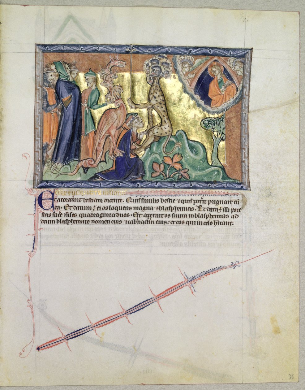 Desconhecida LA 139-Lisboa fol.36 O Senhor que vigia as pessoas cultua a besta do mar na presença do dragão vermelho, do Apocalipse Gulbenkian, c.1265-70 de English School