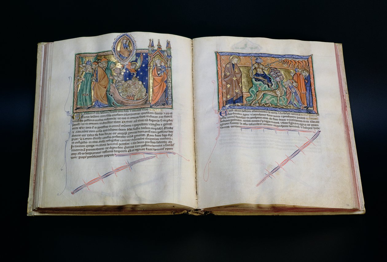 Sra. LA 139-Lisboa fol.37v-38 A besta blasfemando nome de Deus, e as pessoas adorando a 3ª e 2ª bestas, do Apocalipse Gulbenkian, c.1265-70 de English School