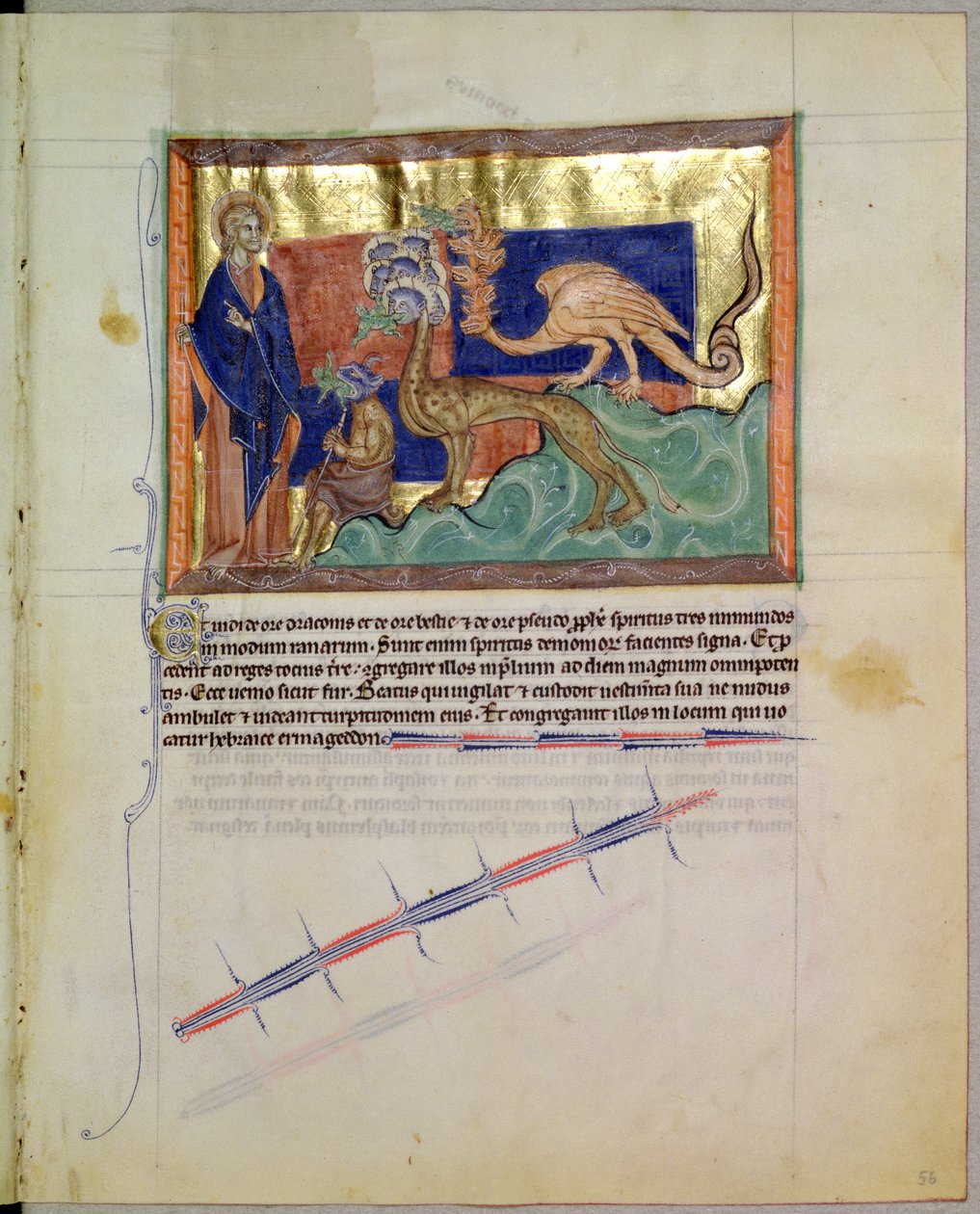 Desconhecida LA 139-Lisboa fol.56 São João Evangelista a ver as rãs que saem das bocas das 3 bestas do Apocalipse Gulbenkian, c.1265-70 de English School