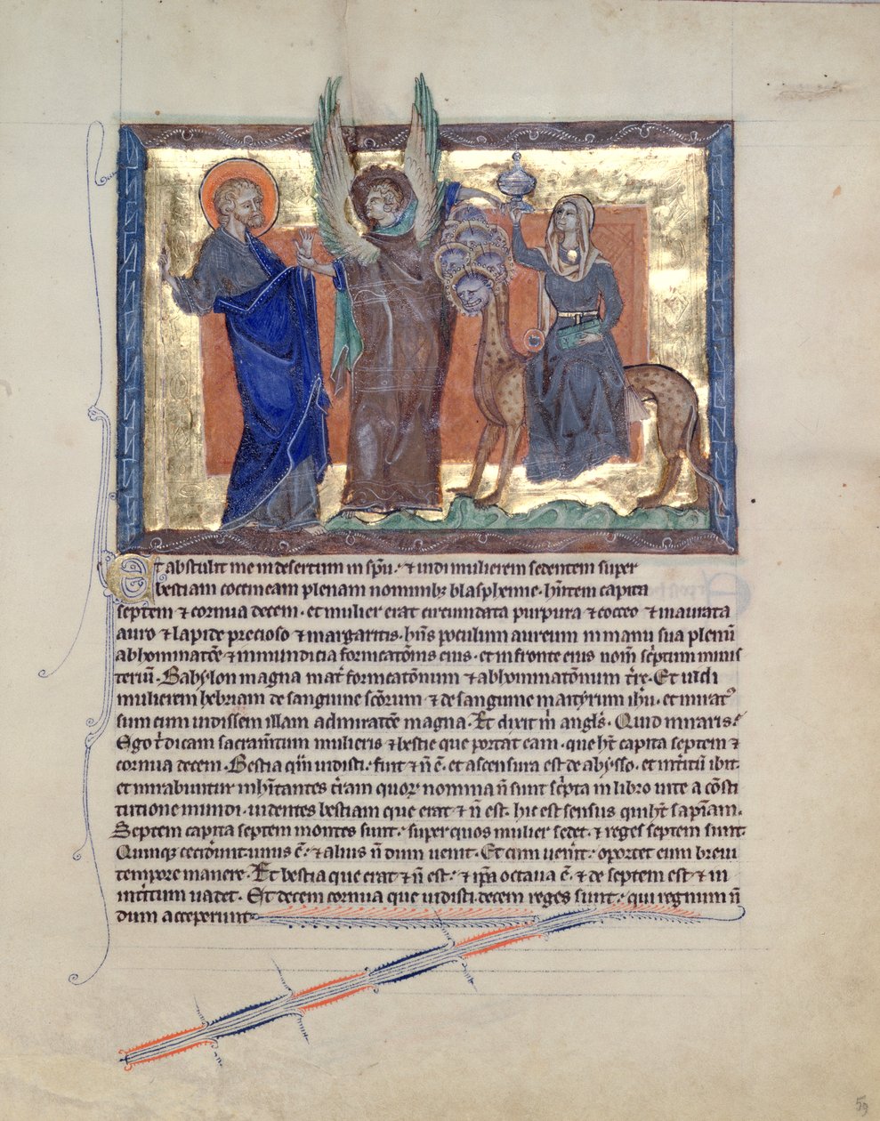 Desconhecida LA 139-Lisboa fol.59 Um anjo guiando São João Evangelista da Prostituta da Babilônia, do Apocalipse Gulbenkian, c.1265-70 de English School