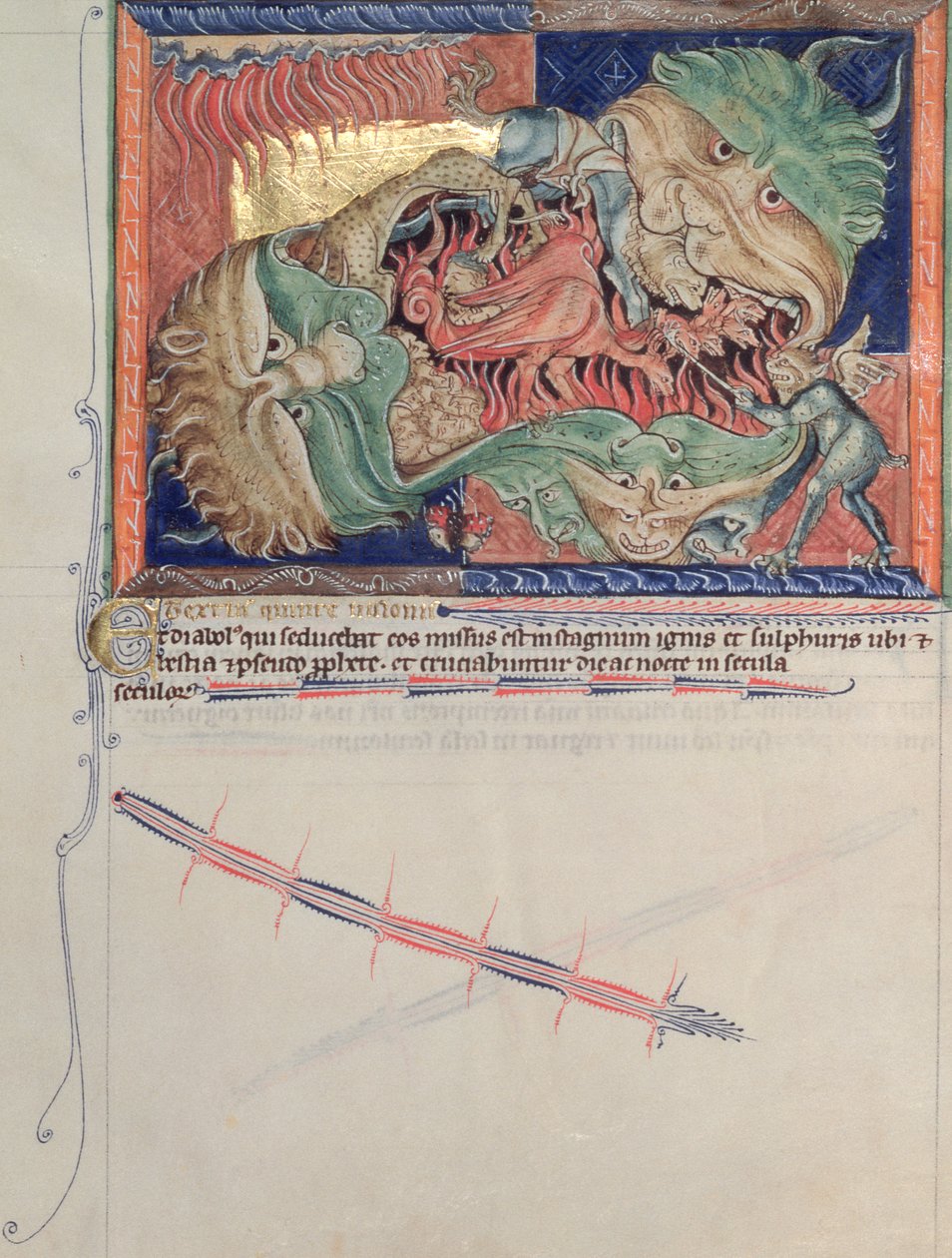 Sra. LA 139-Lisboa, fol.71 As garras do Inferno engolindo o dragão vermelho, a besta do mar e a fera da terra, do Apocalipse Gulbenkian, c.1265-70 de English School
