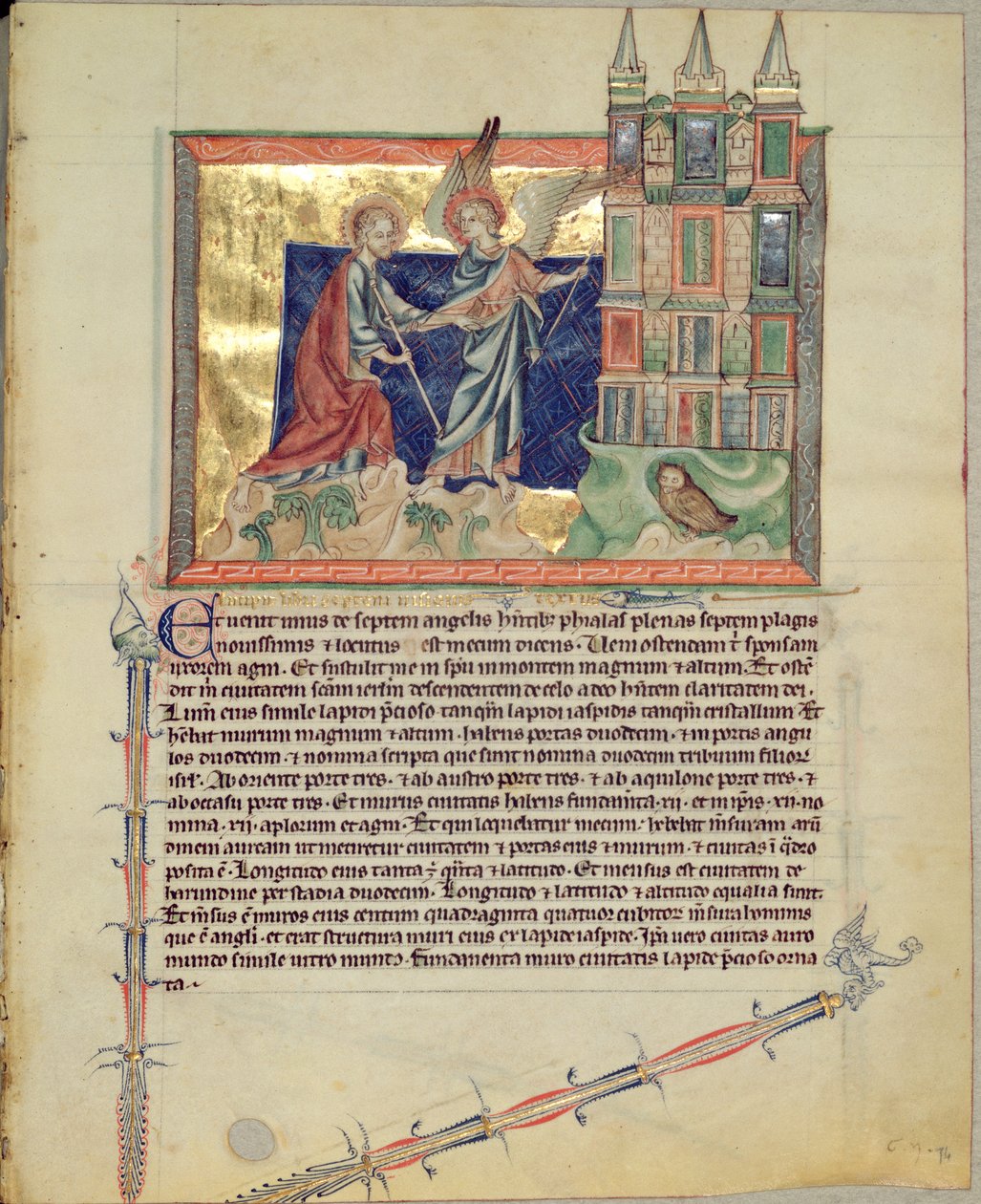 Desconhecida LA 139-Lisboa fol.74 Anjo mostrando a Nova Jerusalém a São João Evangelista, do Apocalipse de Gubenkian, c.1265-70 de English School