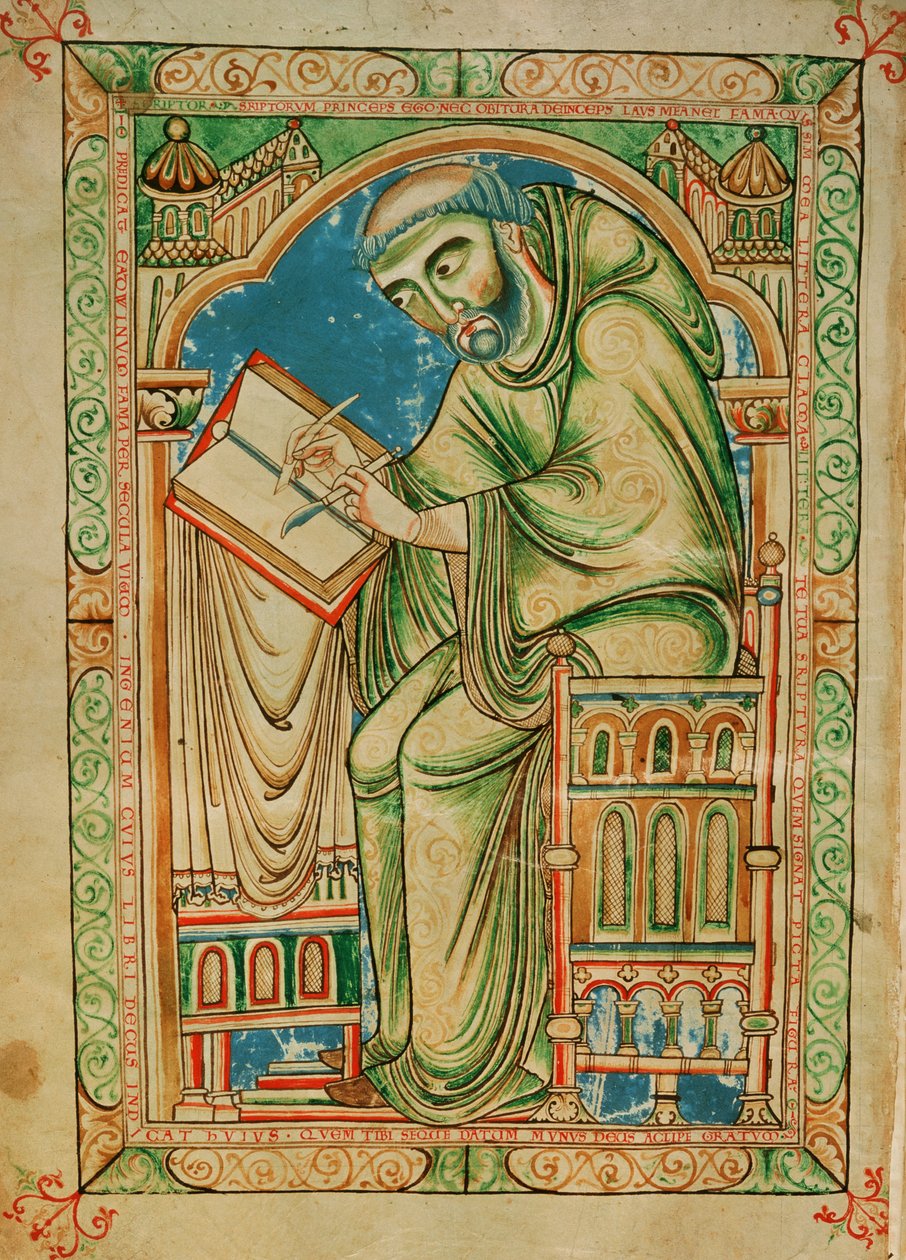 Sra. R 17 I f.283v Monge Eadwine a trabalhar no manuscrito, Eadwine Psalter, c.1150 (vellum) de English School