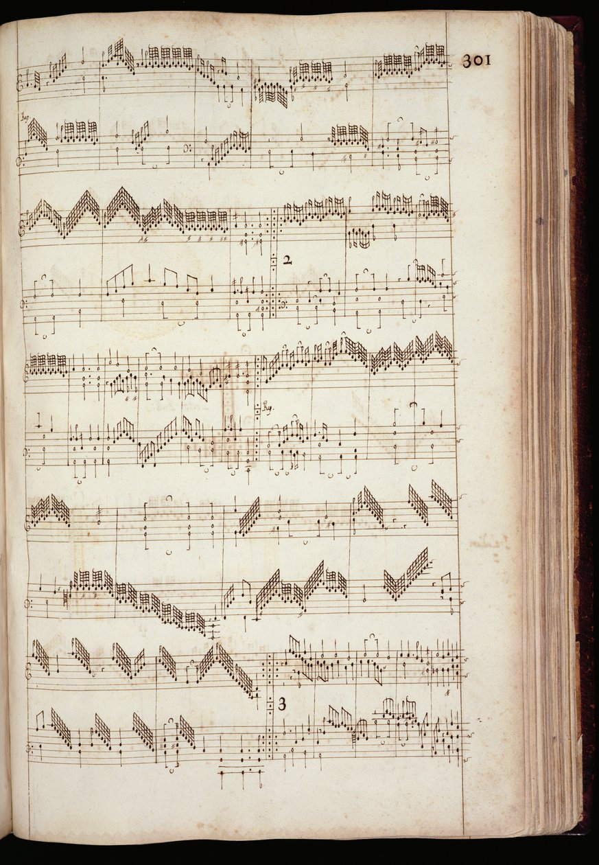 Mu Ms 168, p.301: Página do Fitzwilliam Virginal, e antologia de 16 e início do século 17 teclado musical (tinta no papel) de English School