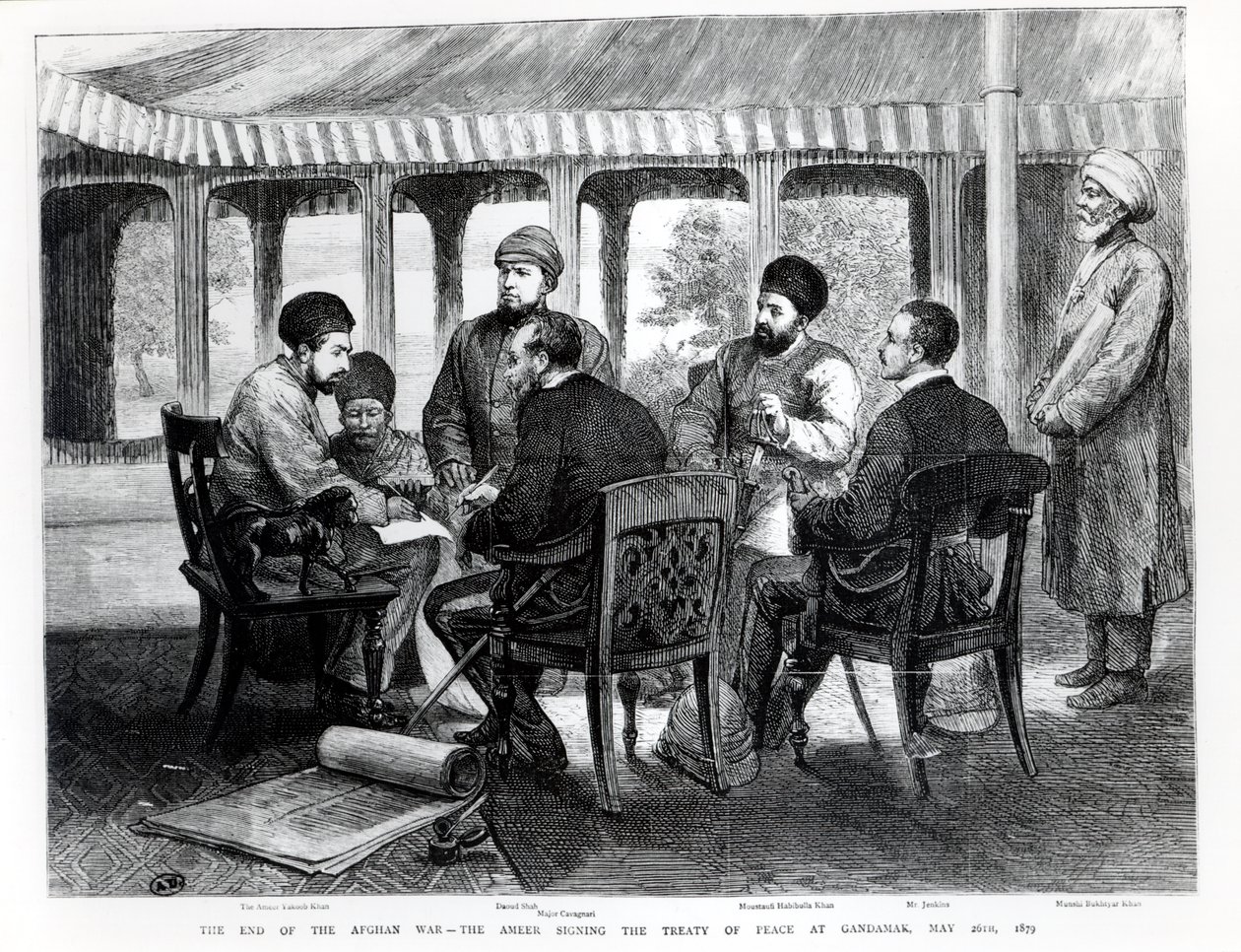 Muhammad Yaqub Khan (1849-1923) assinando o Tratado de Paz em Gundamak no dia 26 de maio de 1879 de English School