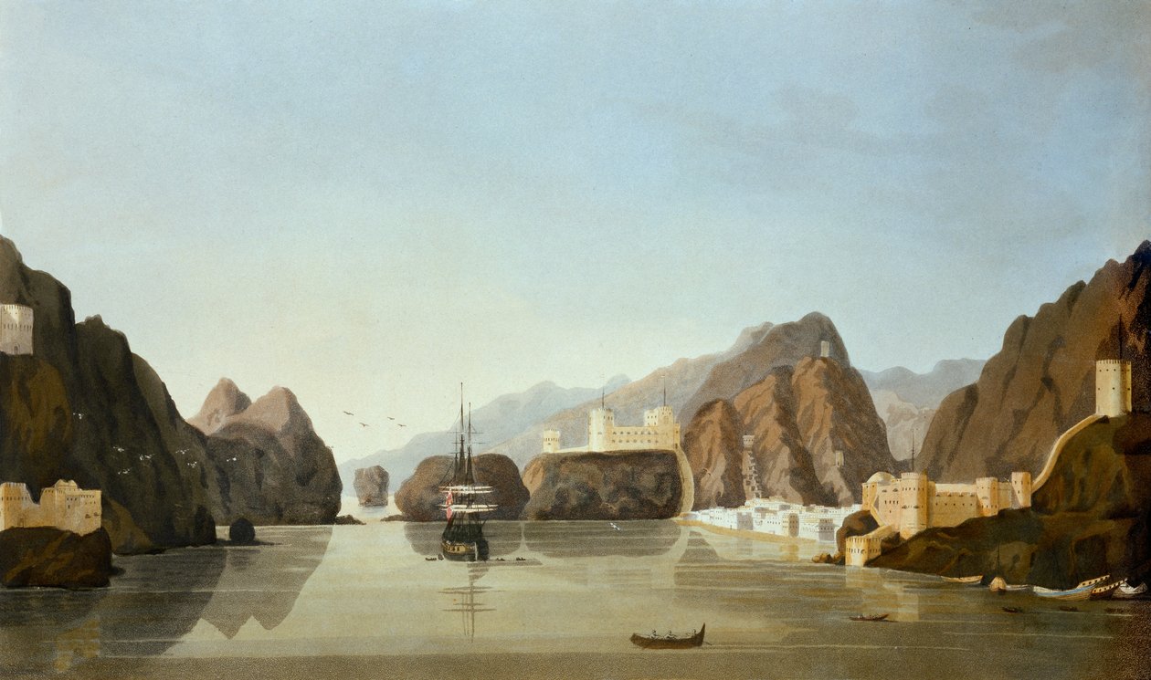 Mascate do porto com uma fragata britânica ancorada, de dezesseis vistas de lugares no Golfo Pérsico, por tenente R. Temple, publicado em 1813 (aquatint) de English School