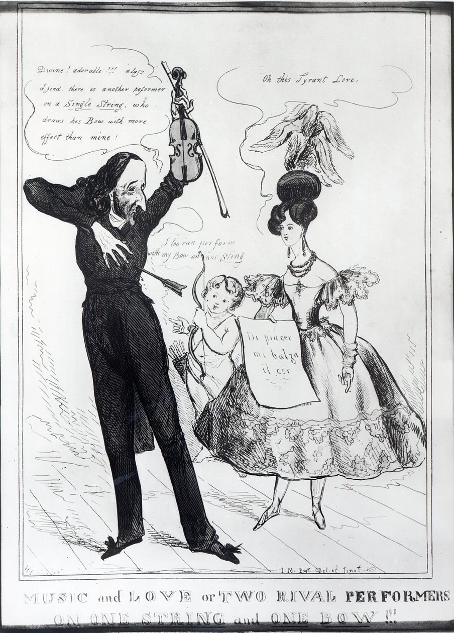 &39;Music and Love ou Two Rival Performers em uma String e um Bow&39;, caricatura de Hector Berlioz (1803-69) e Harriet Smithson (1800-54) de English School