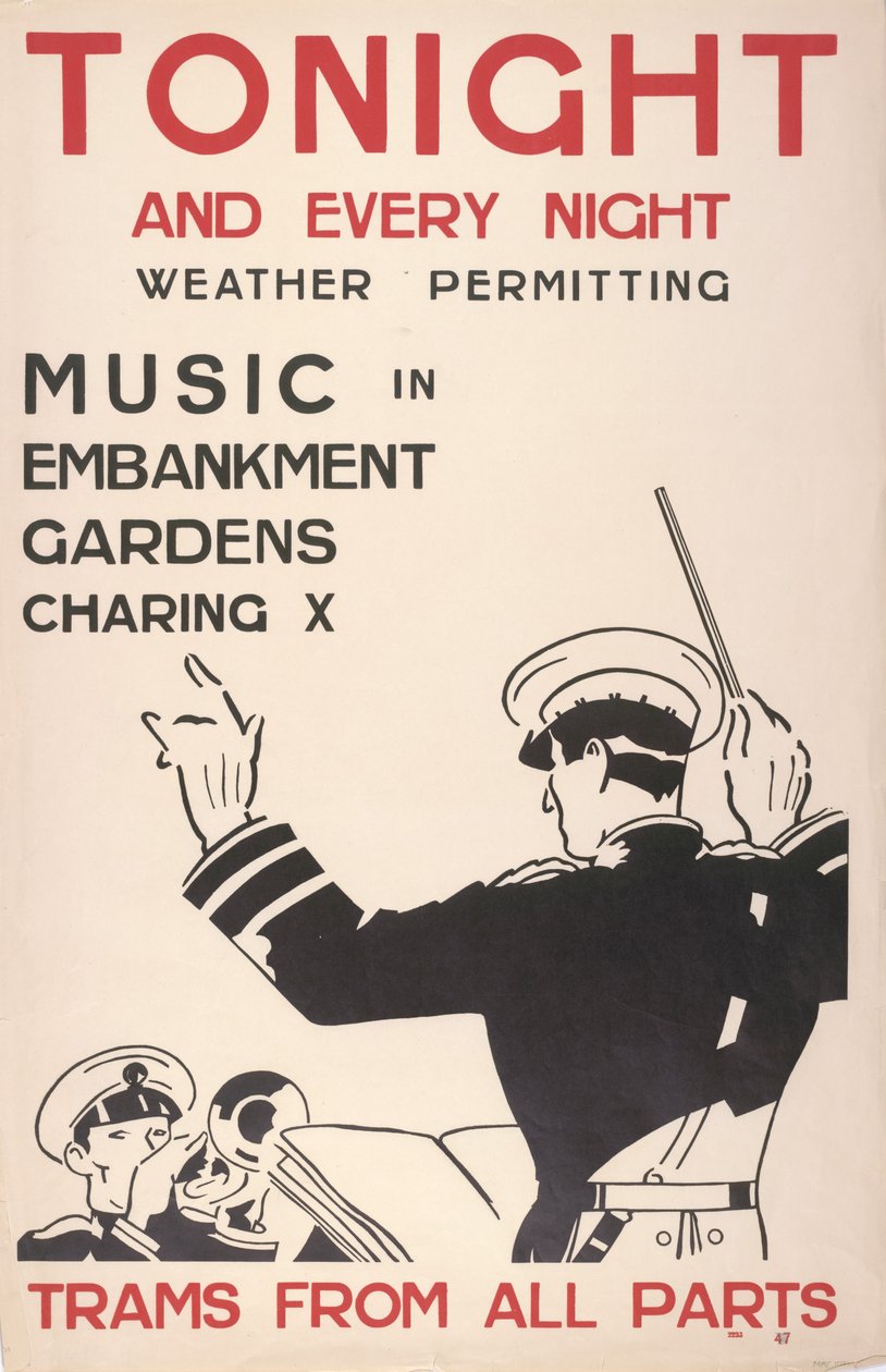 Música em Embankment Gardens, Charing Cross, Eléctricos de todas as partes de English School