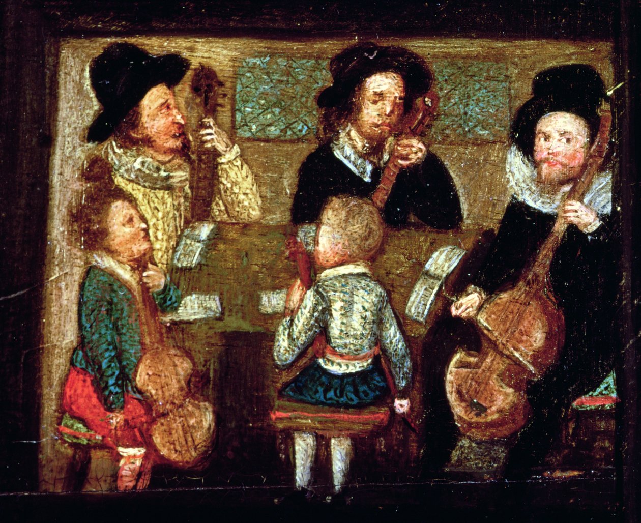 Músicos em Wadley House, detalhe de A Vida e Morte de Sir Henry Unton (1557-96), c.1596 (ver também 99909) de English School