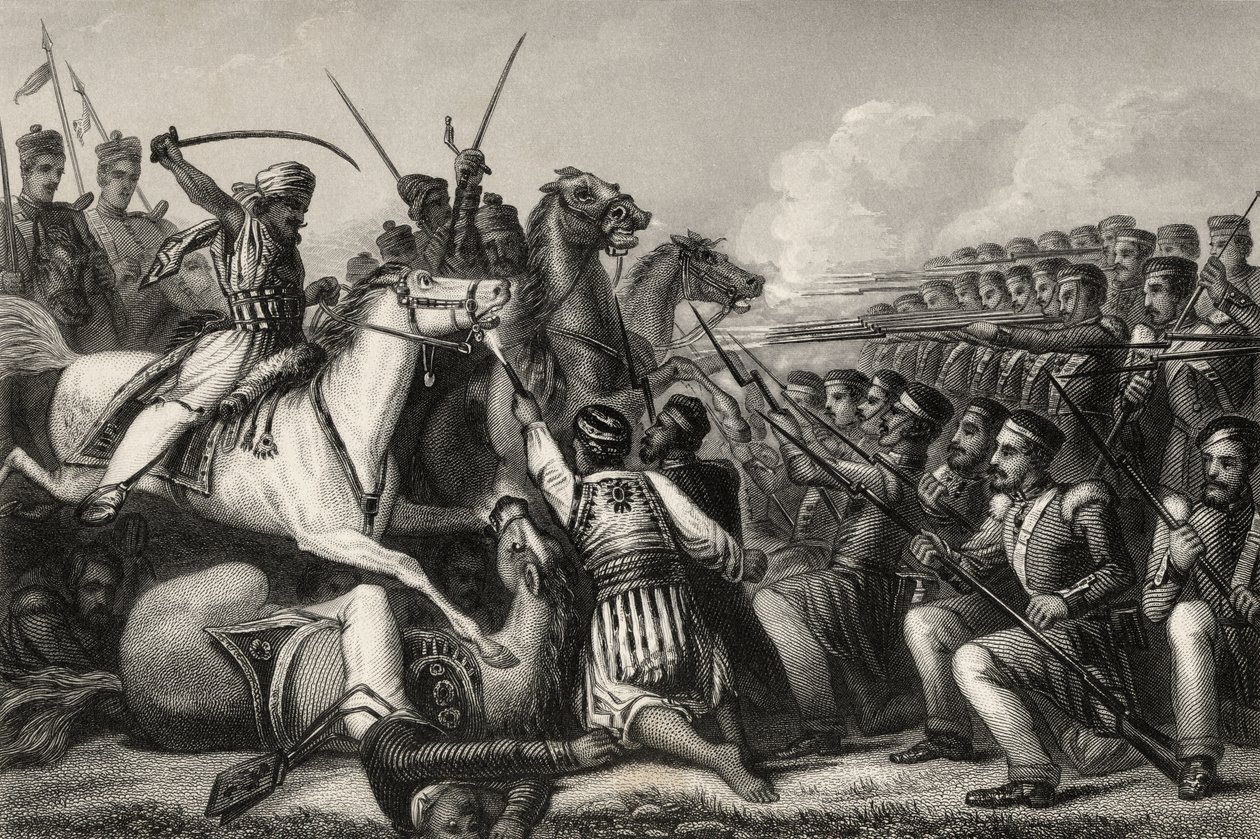 Cavalaria de Mutineer que ataca uma infantaria quadrada na Batalha de Cawnpore em 1857, de "A História do Motim Indiano", publicada em 1858 de English School