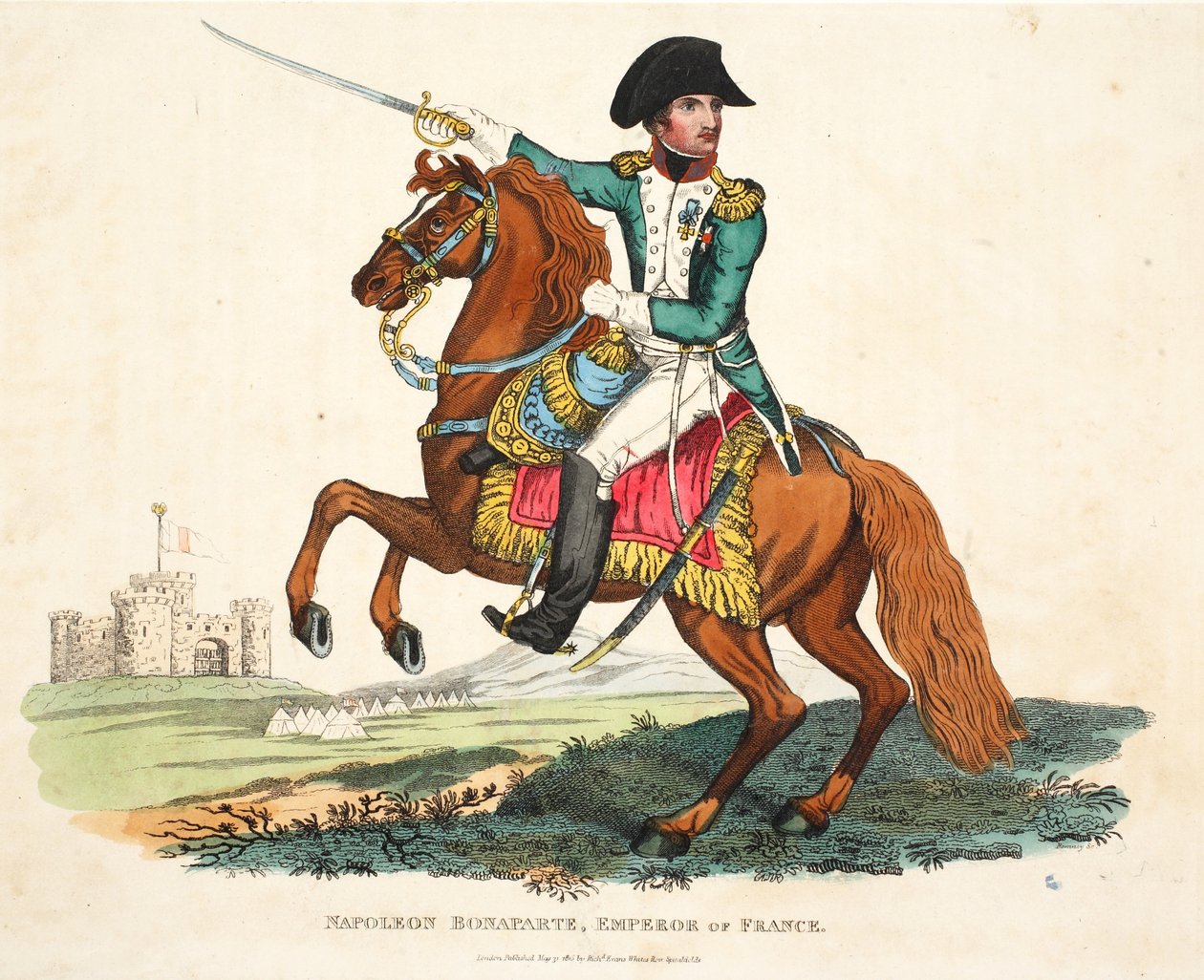 Napoleão Bonaparte, imperador da França, gravado por Romney, pub. por Richard Evans, ilustração de um relato histórico da batalha de Waterloo por William Mudford, 1816 de English School