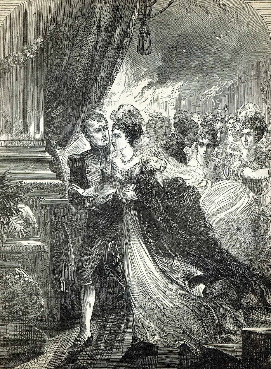 Napoleão e Marie-Louise escapam do fogo no baile dado em 1º de julho de 1810 pelo embaixador austríaco em homenagem ao casamento do casal imperial de English School