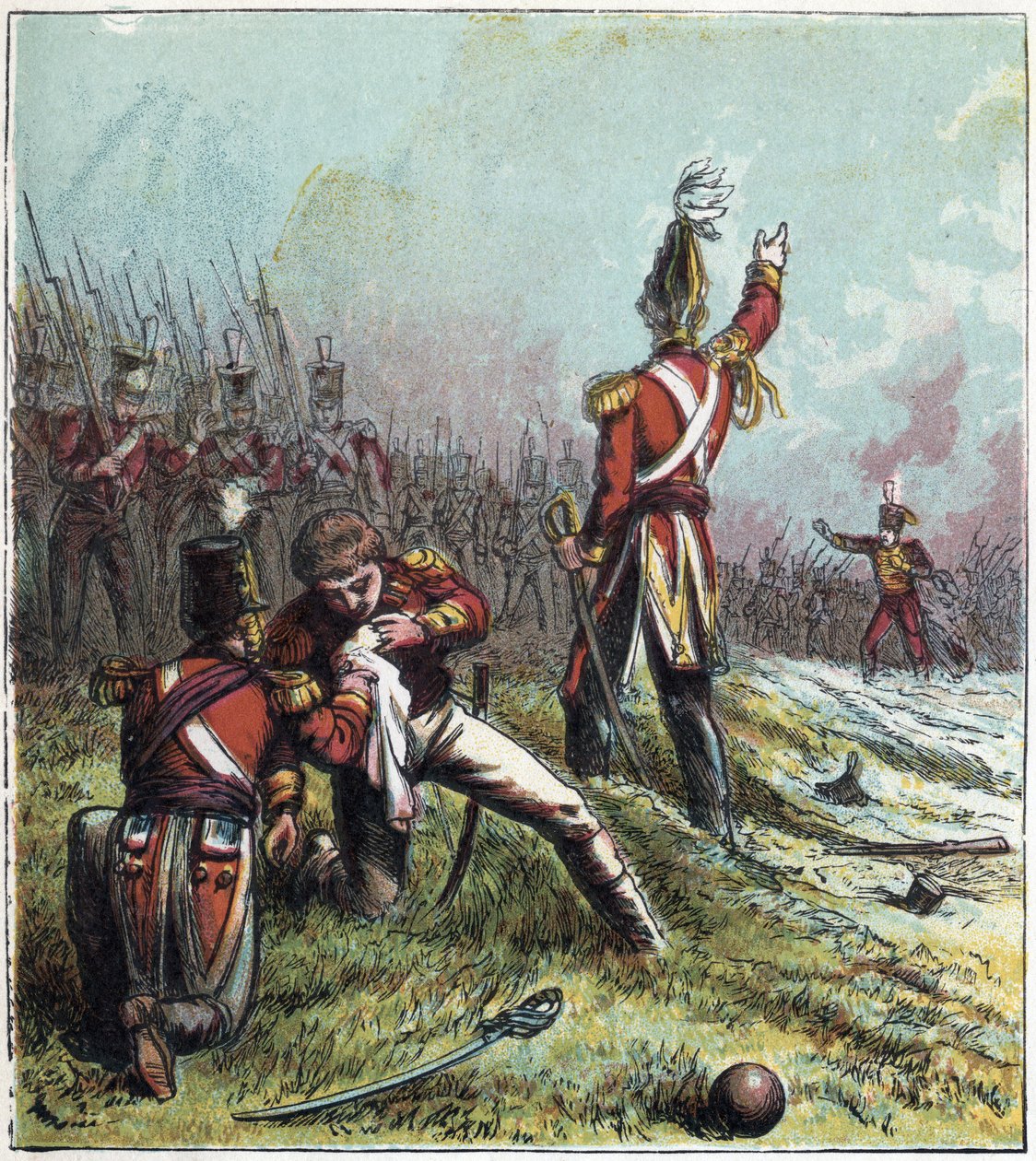 Guerra Napoleónica: A batalha da Corunha (La Coruña) em Espanha em 16/01/1809: opôs-se ao exército francês ao inglês e assistiu à morte do comandante britânico Sir John Moore (1761-1809). A morte de Sir John Moore de English School