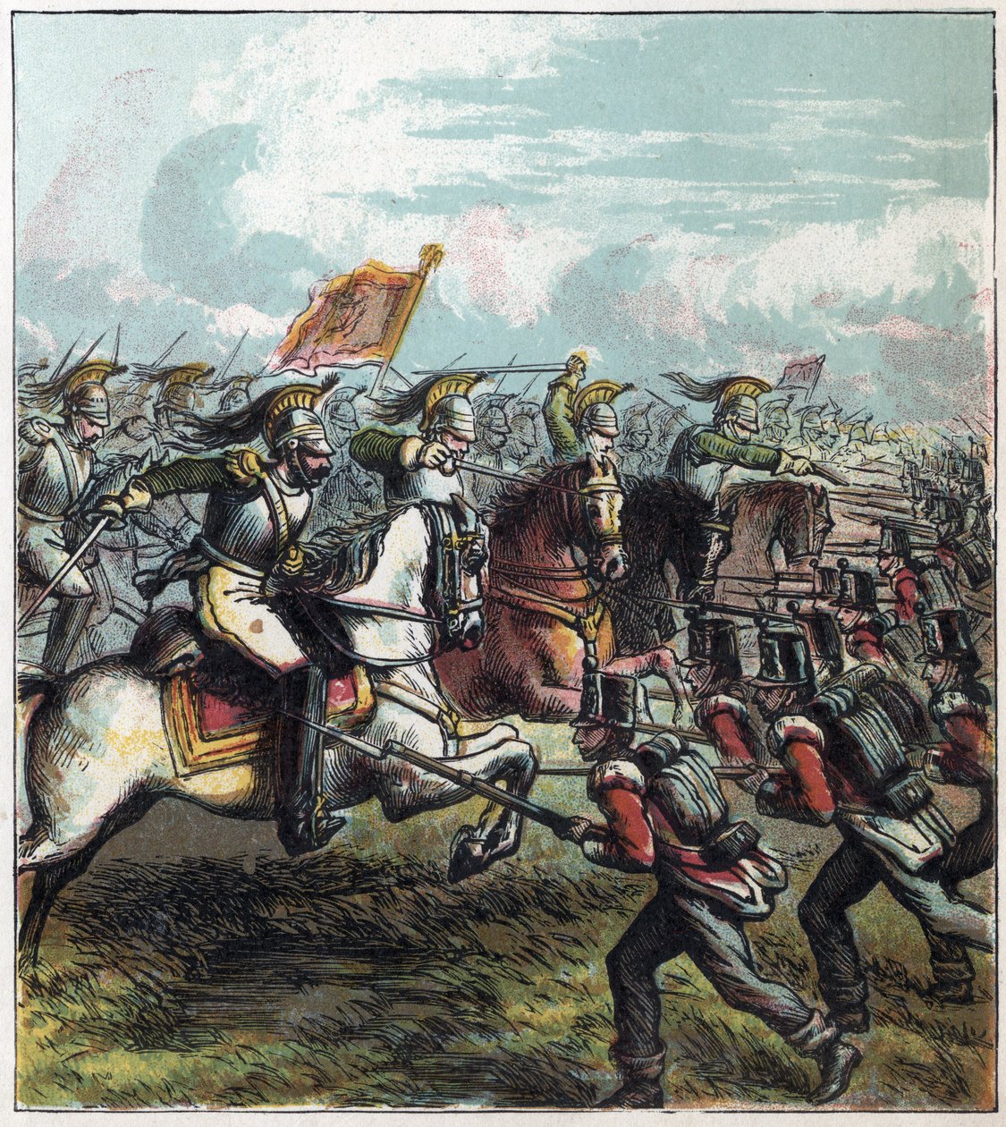Guerra Napoleónica: a Batalha de Waterloo em 18/06/1815. A cavalaria francesa de Napoleão I encarregou o exército inglês, a derrota dos franceses marcou o fim do Império de Napoleão I. A Batalha de Waterloo de English School