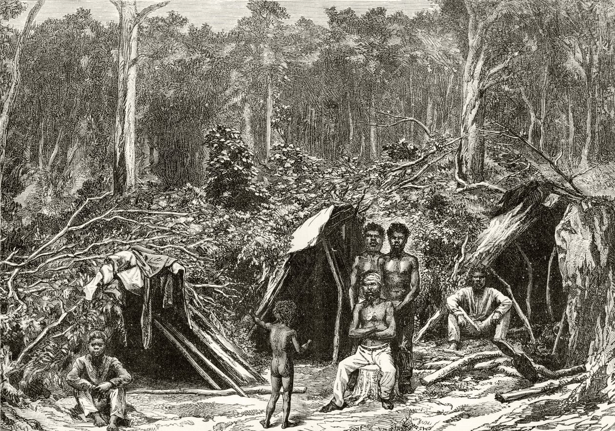 Acampamento Aborígene nativo, c.1880, de &39;Australian Pictures&39;, de Howard Willoughby, publicado pela Religious Tract Society, Londres, 1886 de English School