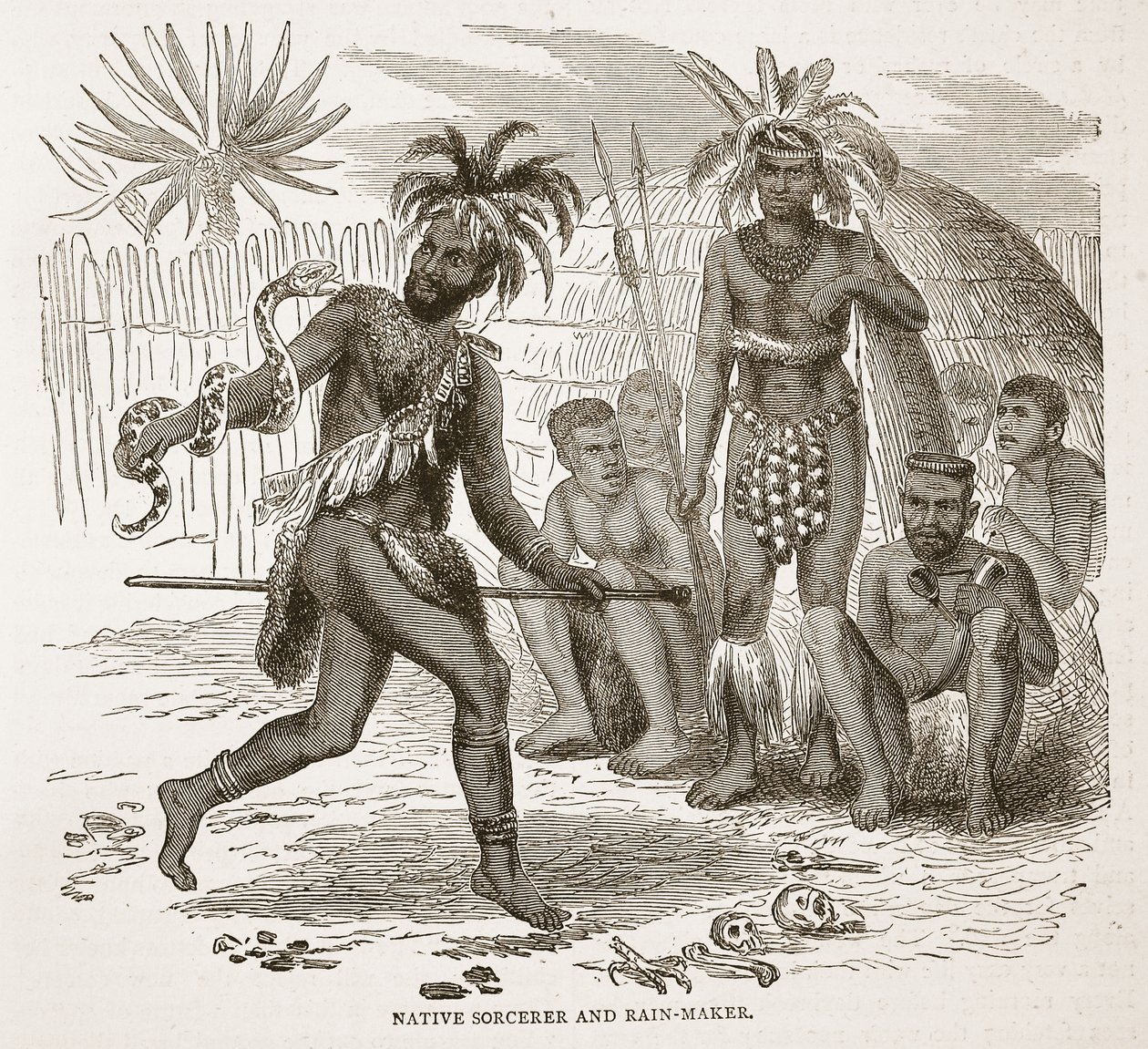 Feiticeiro nativo e Rain-maker, ilustração da edição pictórica da vida e das descobertas de David Livingstone por J. Ewing Richie, bar. por A. Fullarton & Co., 1876 de English School