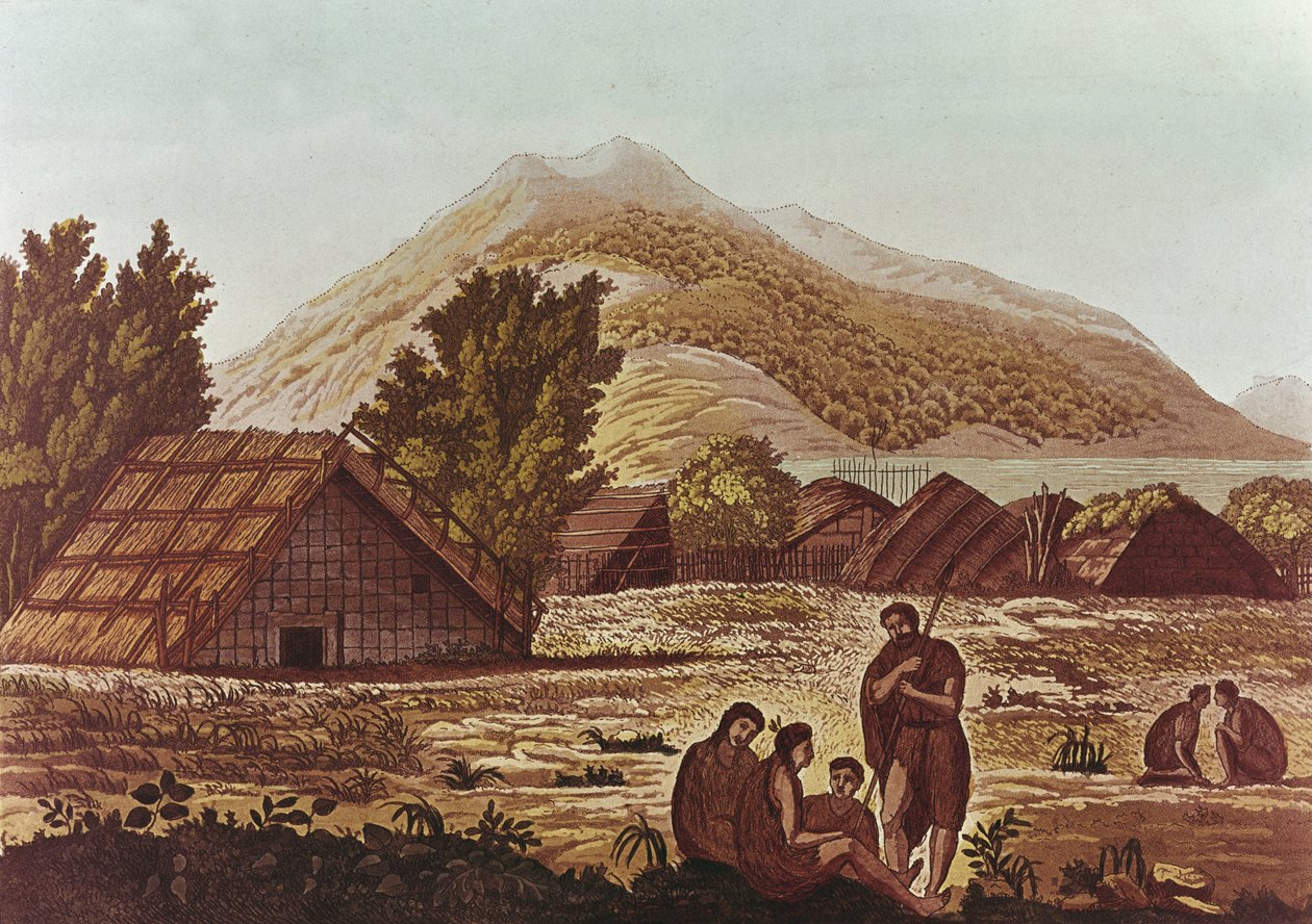 Nativos, com cabanas e montanhas atrás, gravado por F. Fumagalli (gravura de cor) de English School