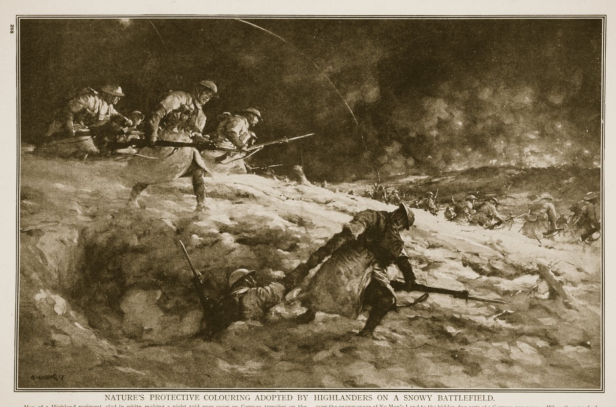 Coloração protetora da natureza adotada pelos Highlanders em um campo de batalha nevado, 1914-19 de English School
