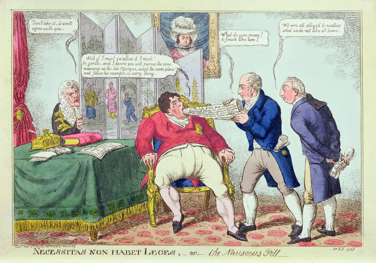 Necessitas Non Habet Leges, ou a Pílula Náusea, 1823 (gravura colorida à mão) de English School