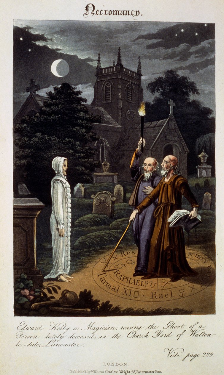 Necromancia: Edward Kelly, um mágico, levantando o fantasma de uma pessoa recentemente falecida, no pátio da Igreja de Walton-le-dale, Lancaster, de 
