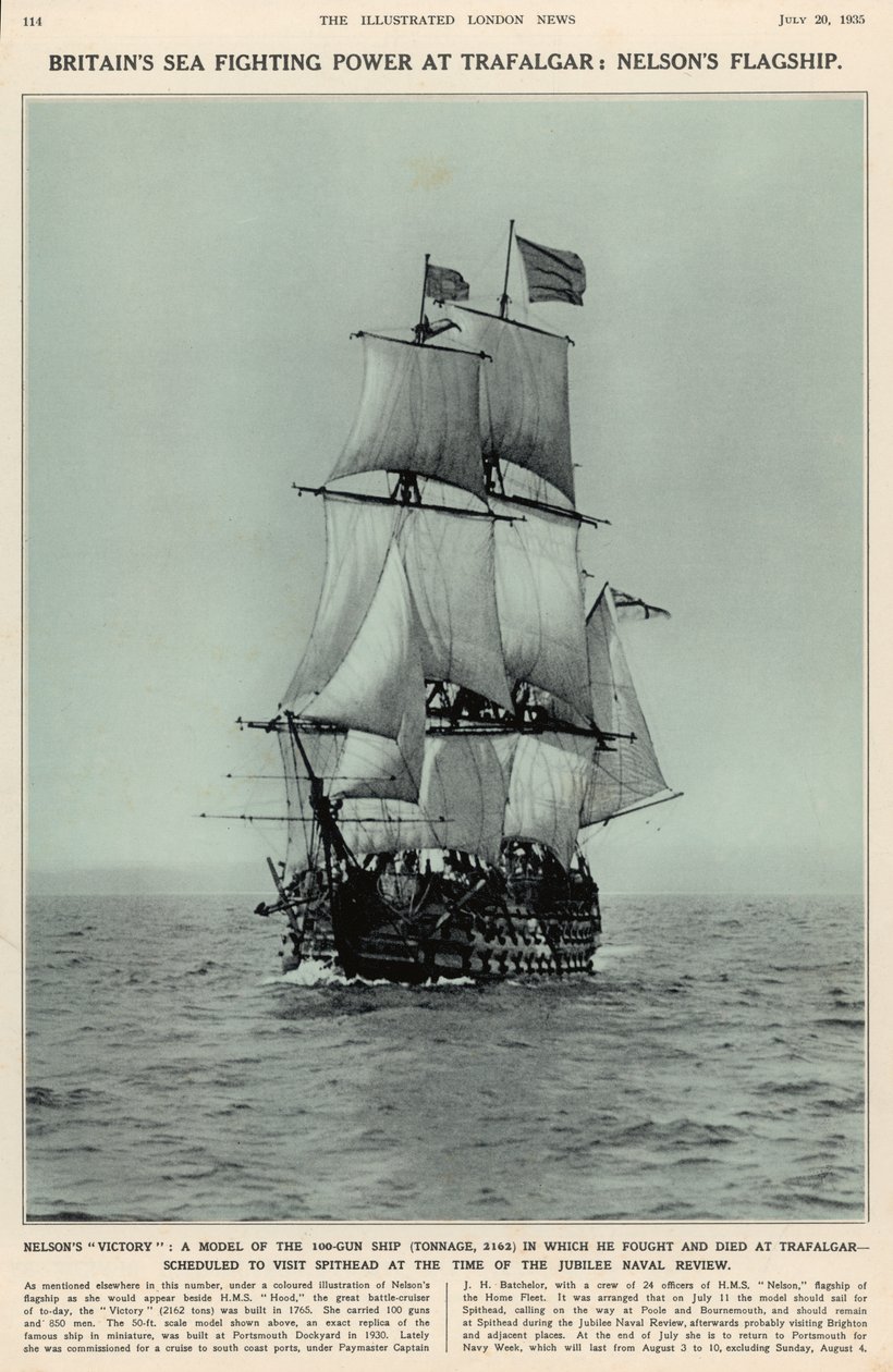 Nelsons Victory: um modelo do navio de 100 canhões no qual ele lutou e morreu em Trafalgar, do The Illustrated London News Royal Naval and Military Review Number, 20 de julho de 1935 de English School