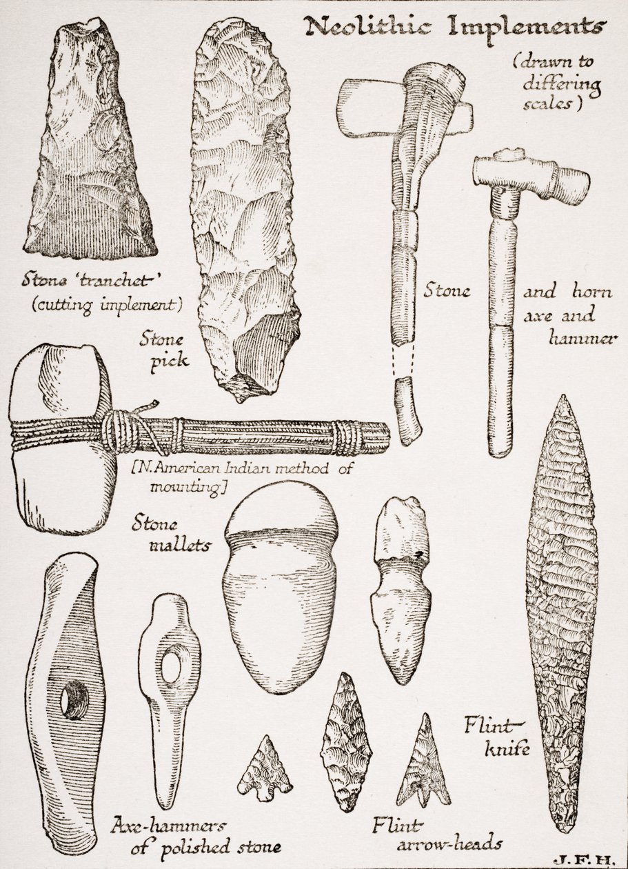 Implementos Neolíticos, ilustração de &39;The Outline of History&39; de HG Wells, Volume I, publicado em 1920 de English School