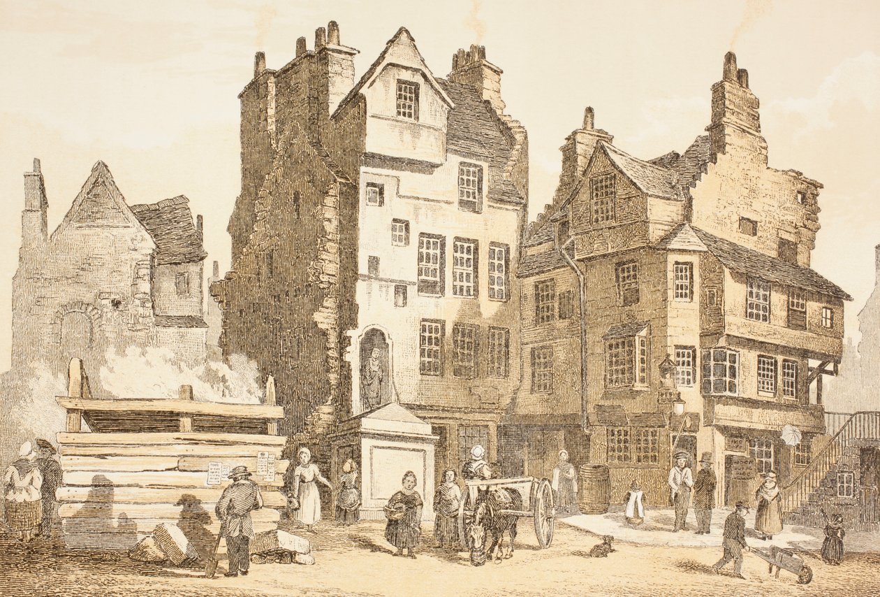 Netherbow House, Edimburgo como era em 1843, de "The Scots Worthies" de John Howie, segunda edição publicada em 1879 de English School