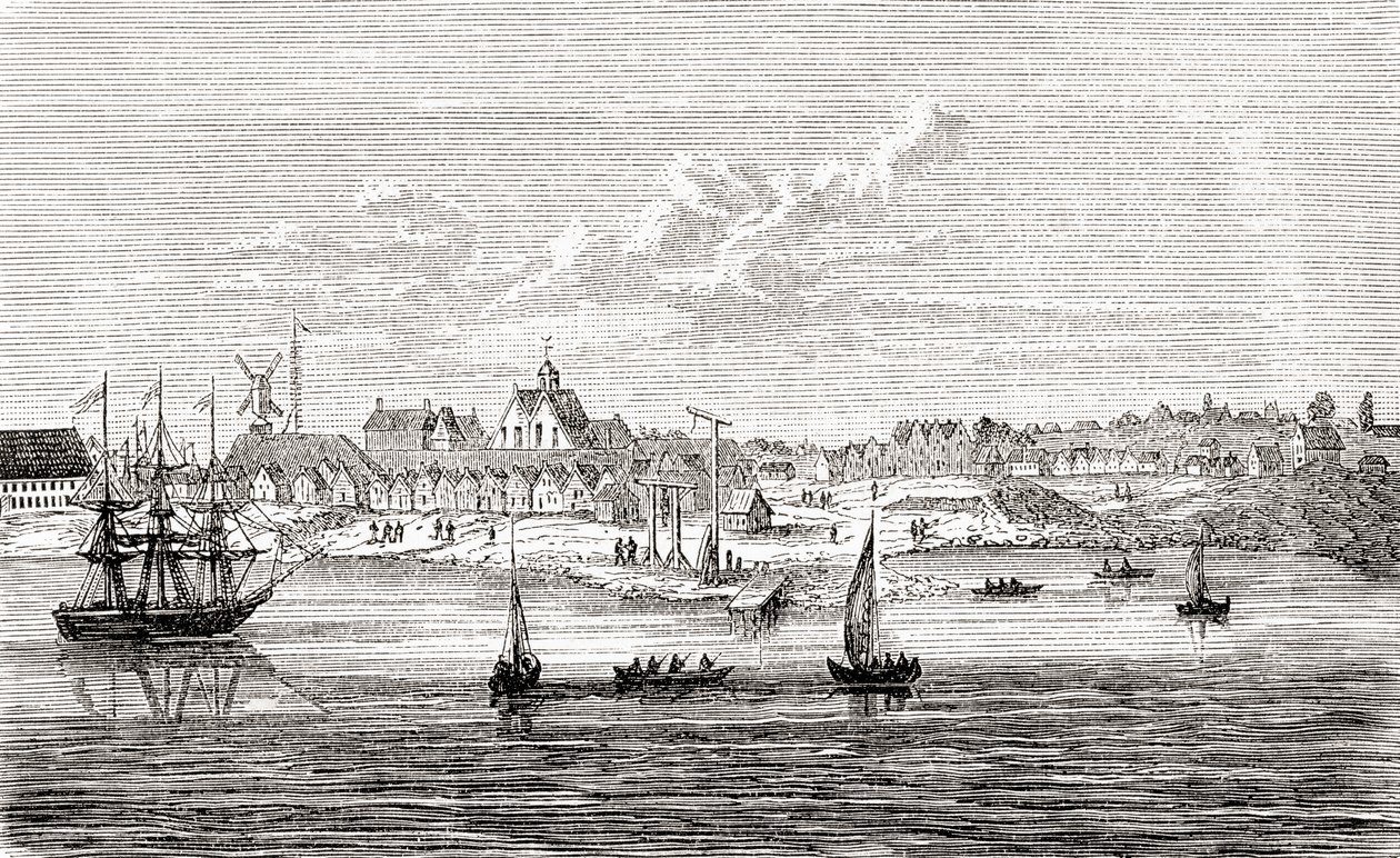Nova Amesterdão, uma povoação holandesa do século XVII na ponta sul da ilha de Manhattan, América, da História Ilustrada do Mundo de Ward e Lock, pub. c.1882 de English School