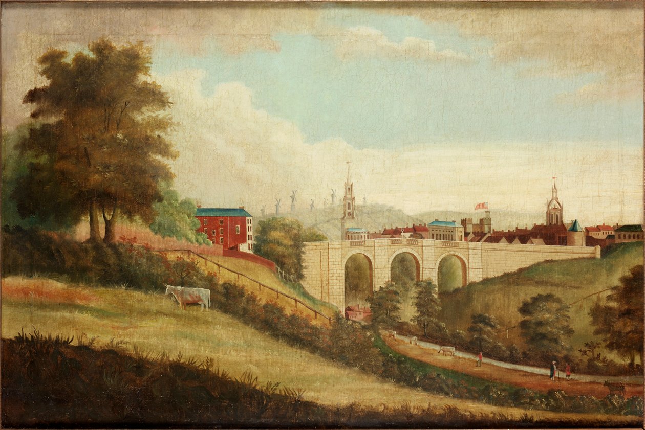 Ponte nova sobre Pandon Dene, Newcastle upon Tyne, cerca de 1812 de English School