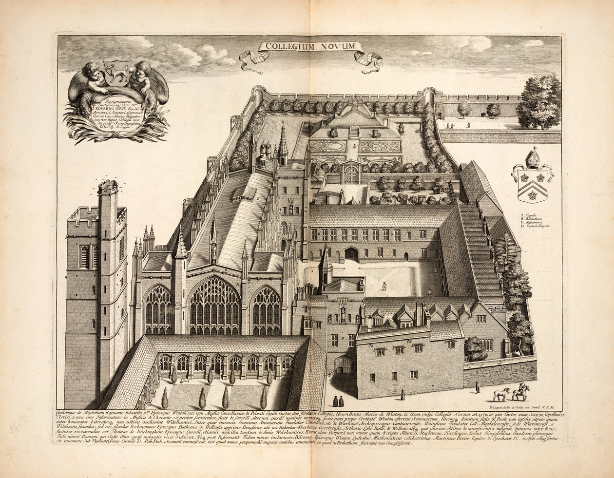 New College, placa 19 de Oxonia Illustrata de David Loggon, Oxford 1675 de English School