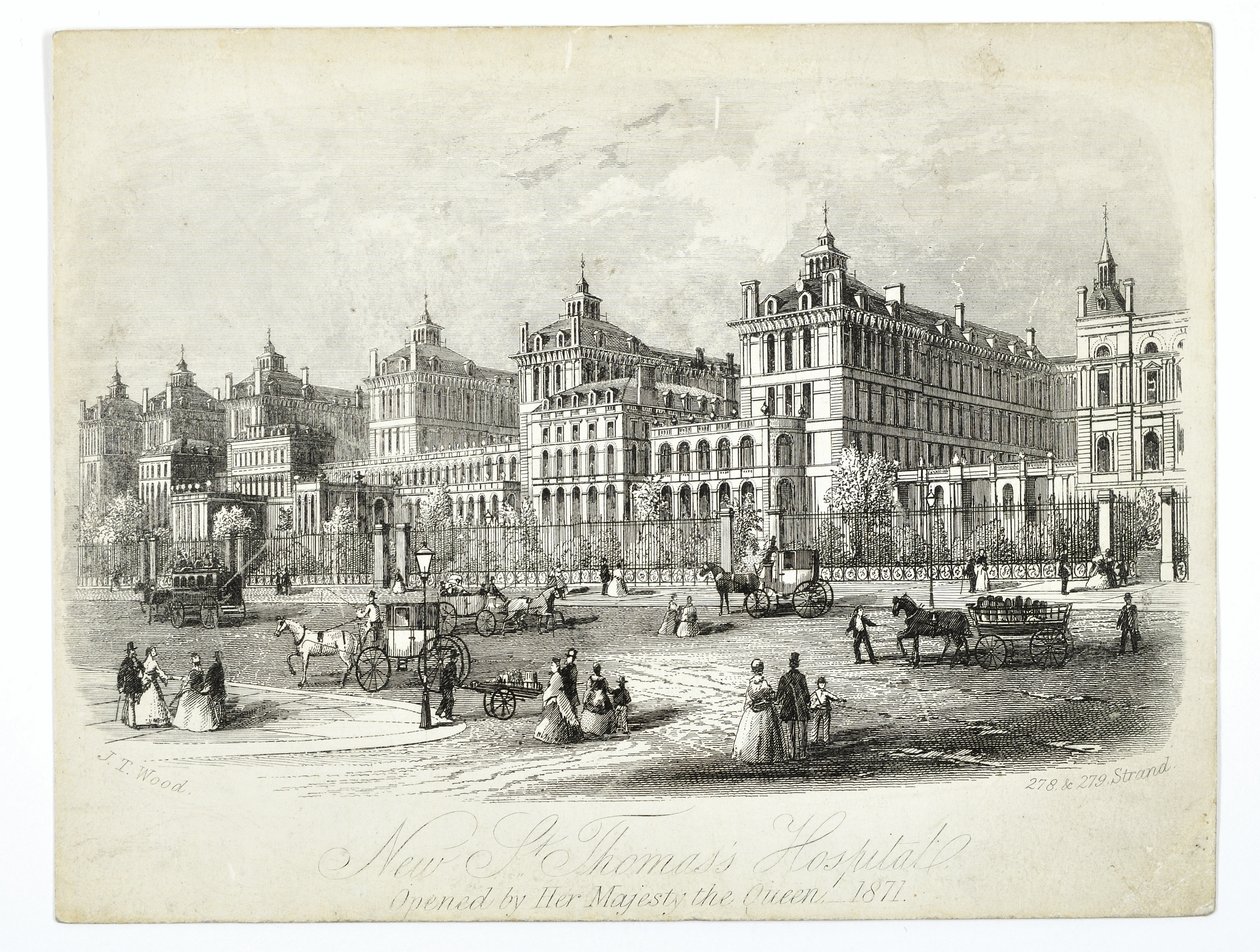 Novo St. Thomass Hospital, inaugurado por Sua Majestade a Rainha 1871, pub. JT Wood de English School