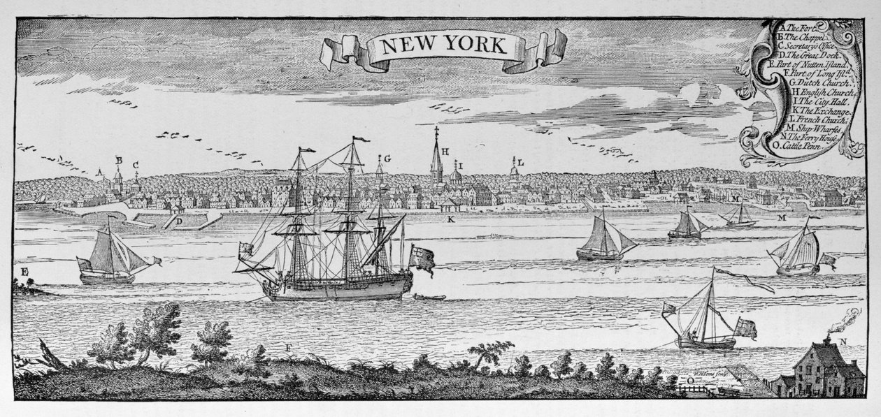 Nova York, em 1732, ilustração do Volume V de "Narrativa e História Crítica da América", 1887 (gravura) de English School