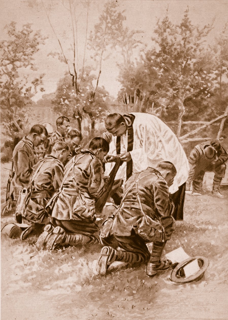 Capelão do Exército da Nova Zelândia administrando a Sagrada Comunhão aos soldados antes da batalha, 1914-19 de English School