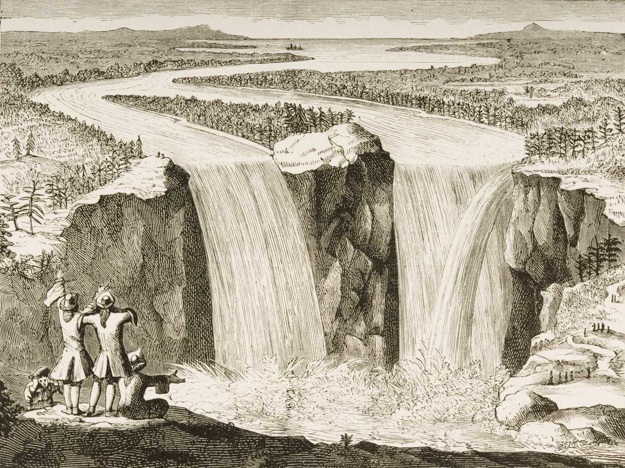 Cataratas do Niágara, depois de um esboço feito pelo padre Hennepin em 1677, de "American Pictures" publicado pela Religious Tract Society, 1876 de English School
